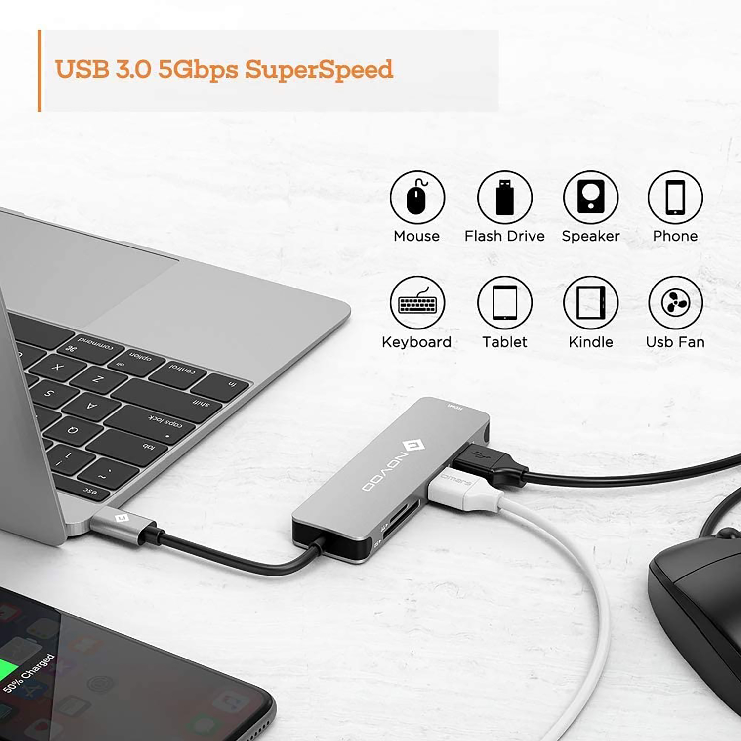 Ein Laptop, der mit einem USB-Hub mit mehreren angeschlossenen Geräten verbunden ist, alles vor blauem Hintergrund.