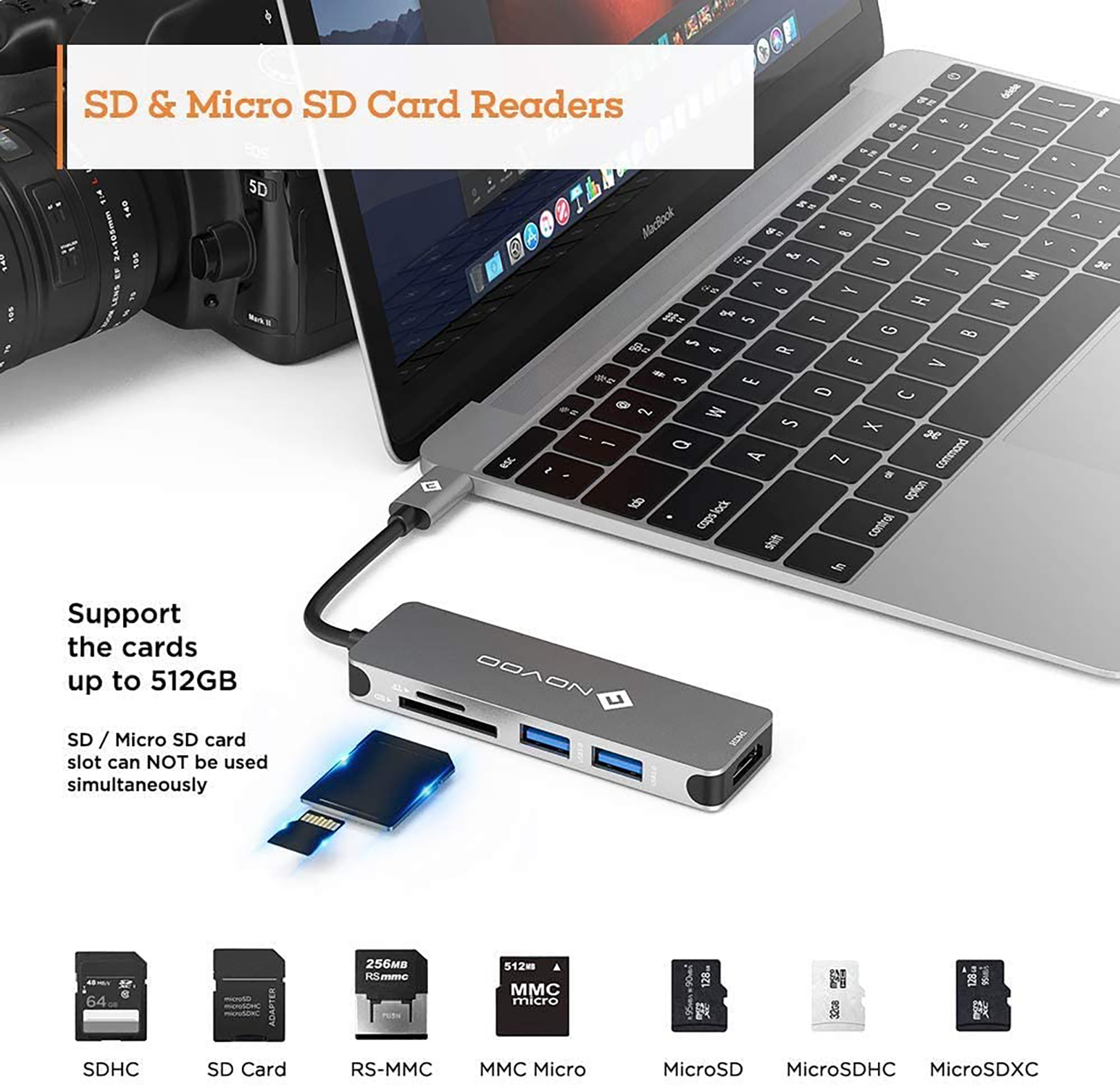 Ein Laptop, verbunden mit einem Hub mit SD-Kartenlesern und verschiedenen SD-Karten.