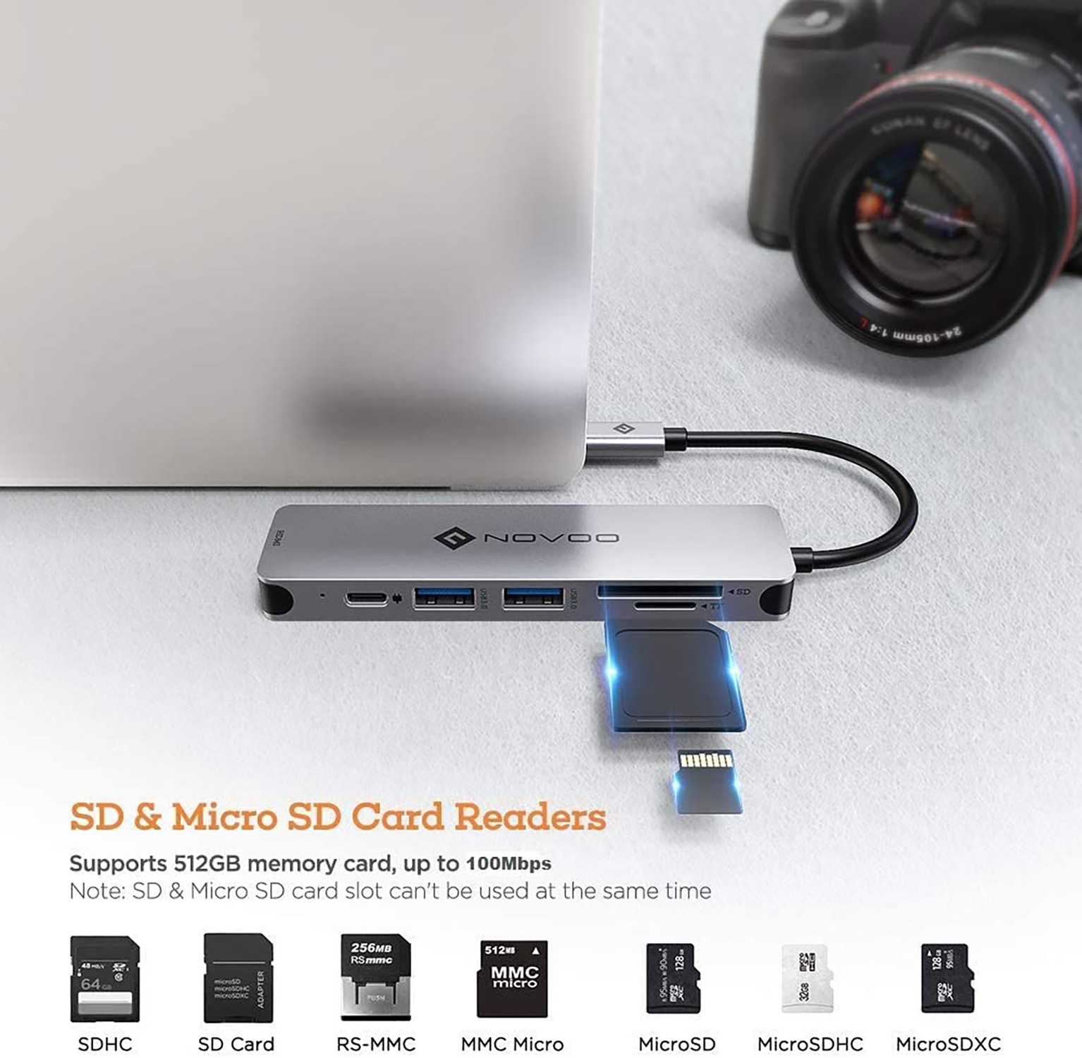Silberner Hub mit SD- und Micro-SD-Kartenlesern, verbunden mit einem Laptop und einer Kamera. Es gibt verschiedene Kartentypen.
