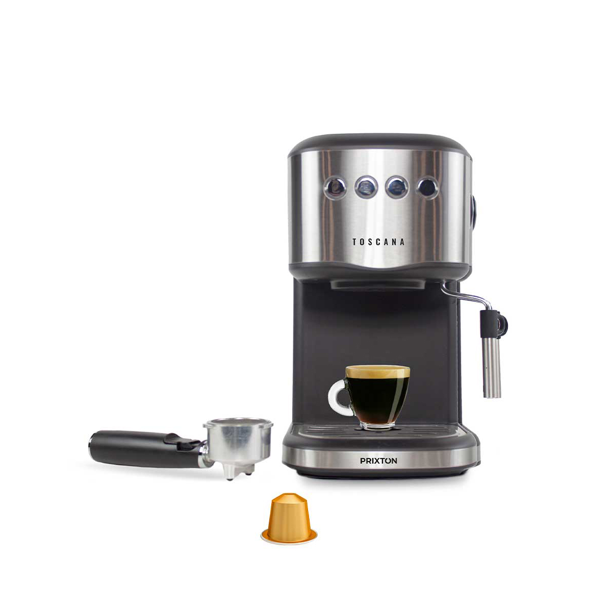 Ekspres do kawy Toscana z filiżanką i kapsułką, czarno-srebrny design.
