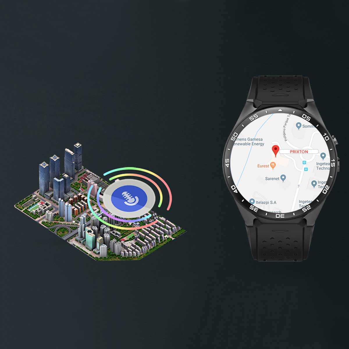 Uno smartwatch mostra una mappa con edifici e un logo su sfondo scuro.