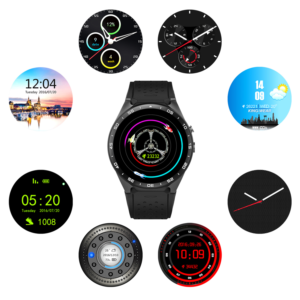 Uno smartwatch con più opzioni di quadrante visualizzate attorno ad esso.