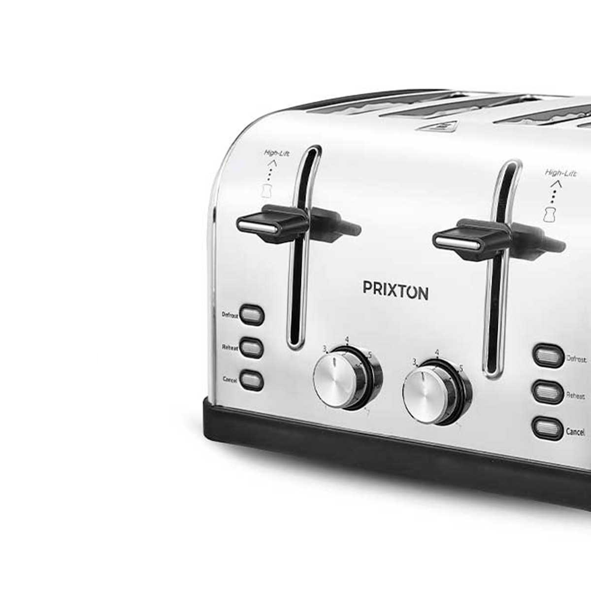 Srebrny toster z dwoma otworami. Ma pokrętła i przyciski. Marka jest widoczna.