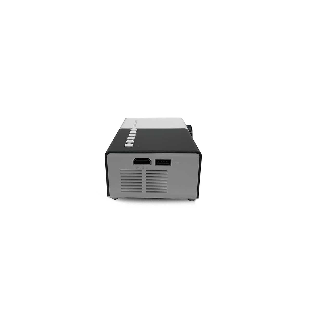 Un proyector negro y gris con varios puertos. Probablemente para entretenimiento en casa.