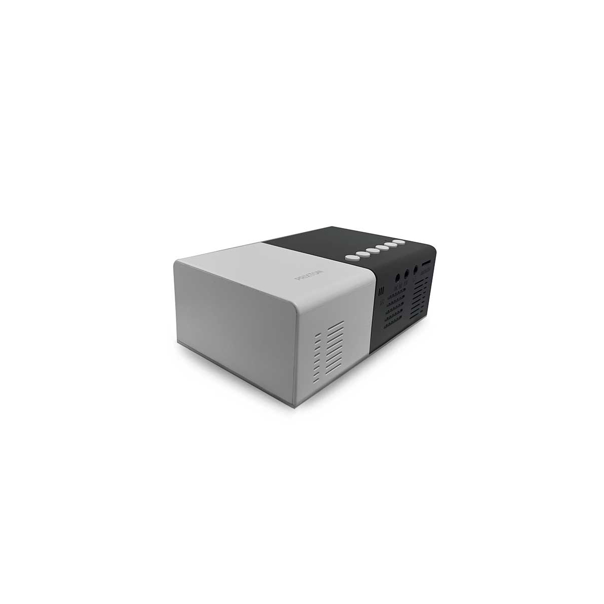 Black and white projector on a white surface. White background.