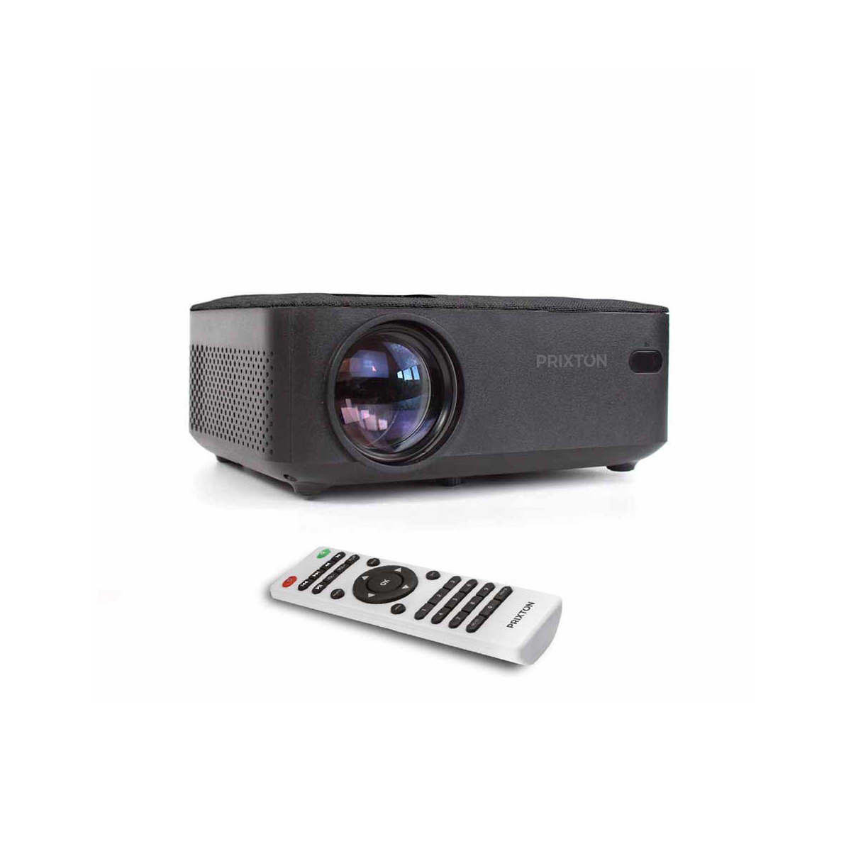 Czarny projektor z pilotem, marka PRIXTON na górze.