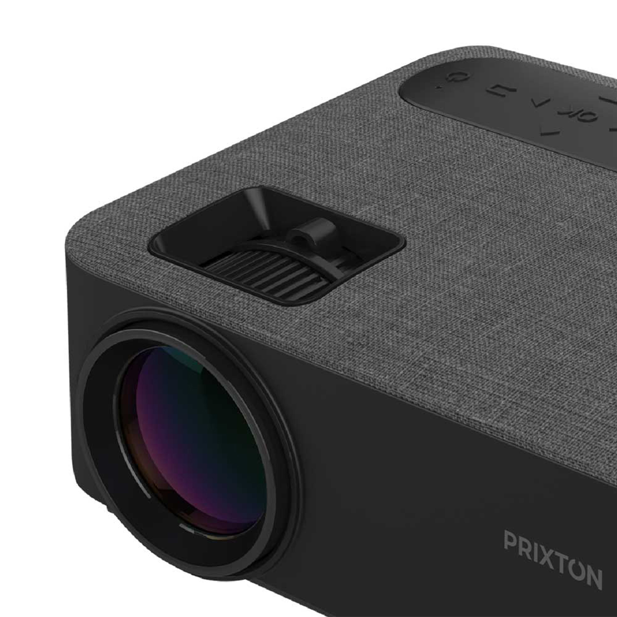 Czarny projektor z szarą tkaniną na górze, widoczny obiektyw.