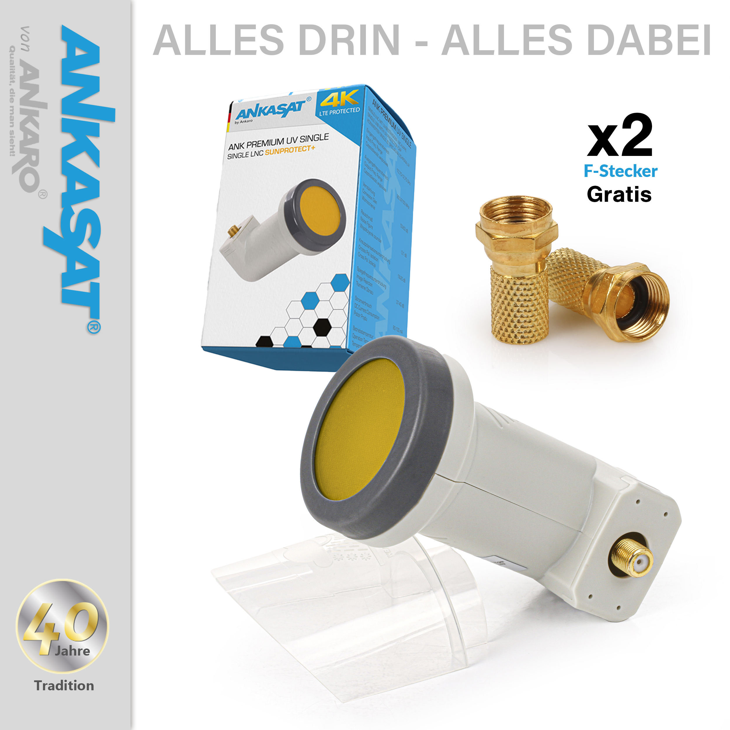 Satellitenschüssel-Komponenten, Box, zwei F-Stecker, Werbung, weißer Hintergrund.