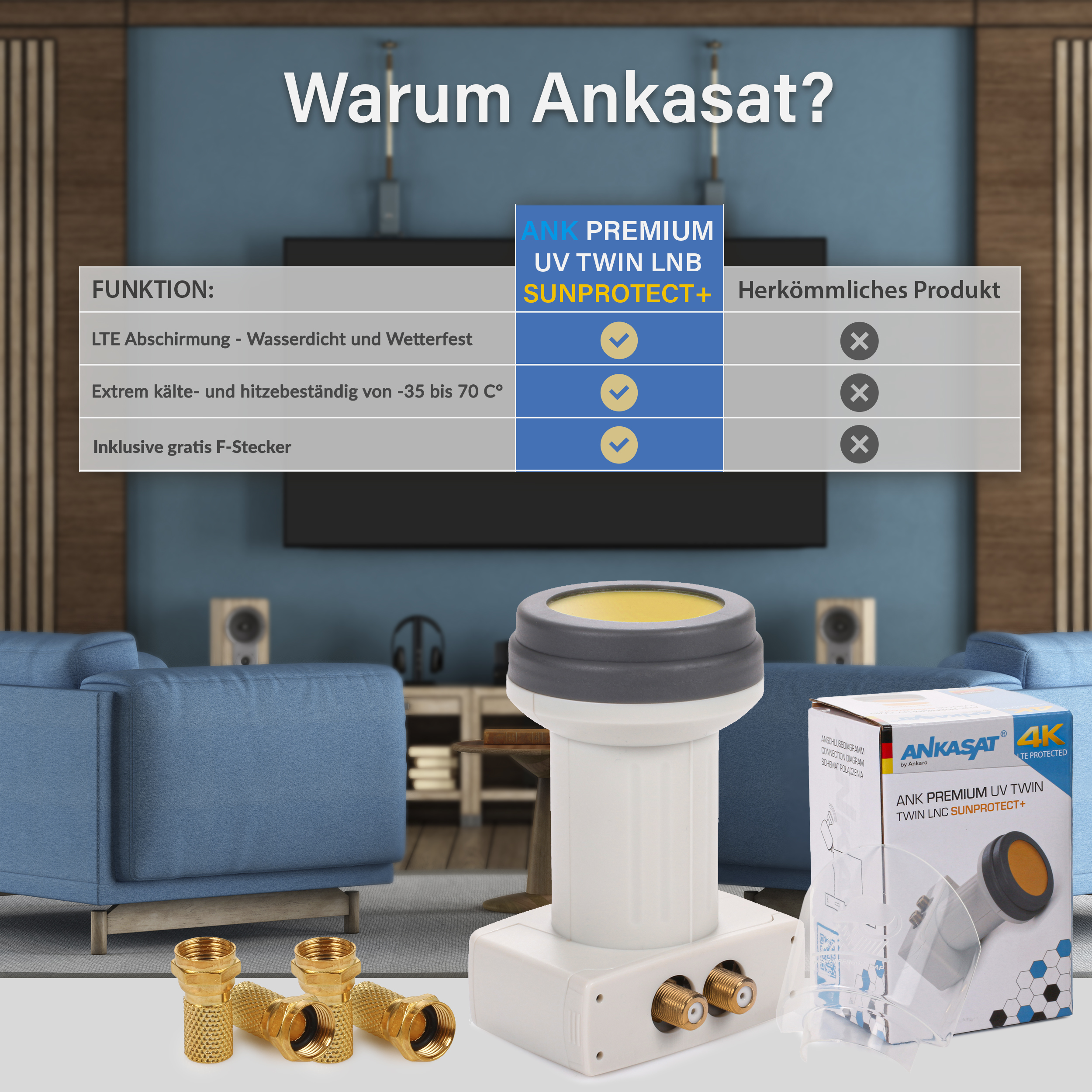 Produkt mit weißer Basis, silberner Antenne und zwei goldenen Anschlüssen. Text und Diagramm.