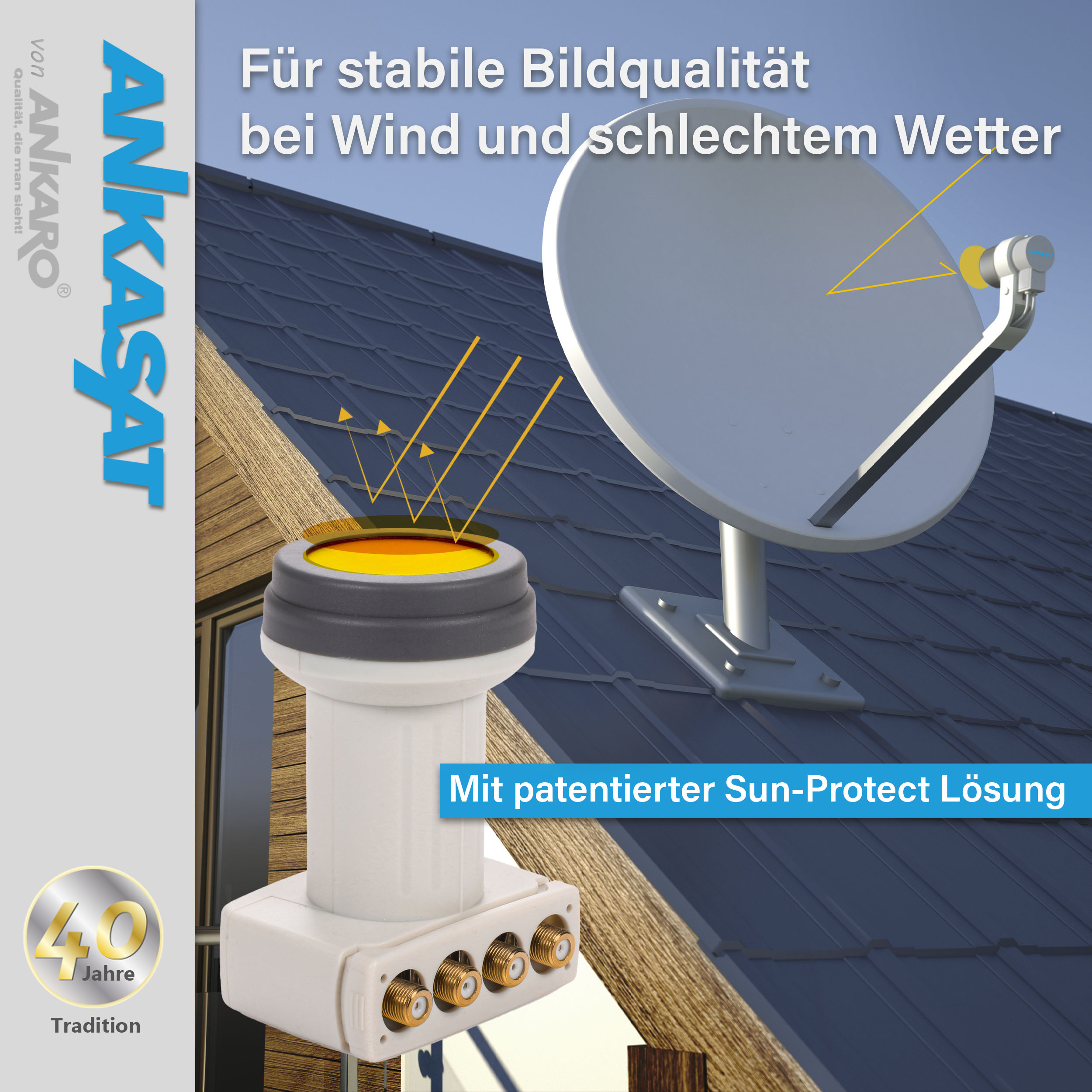 Satellitenschüssel auf einem Dach. Text: Für stabile Bildqualität bei Wind und schlechtem Wetter.