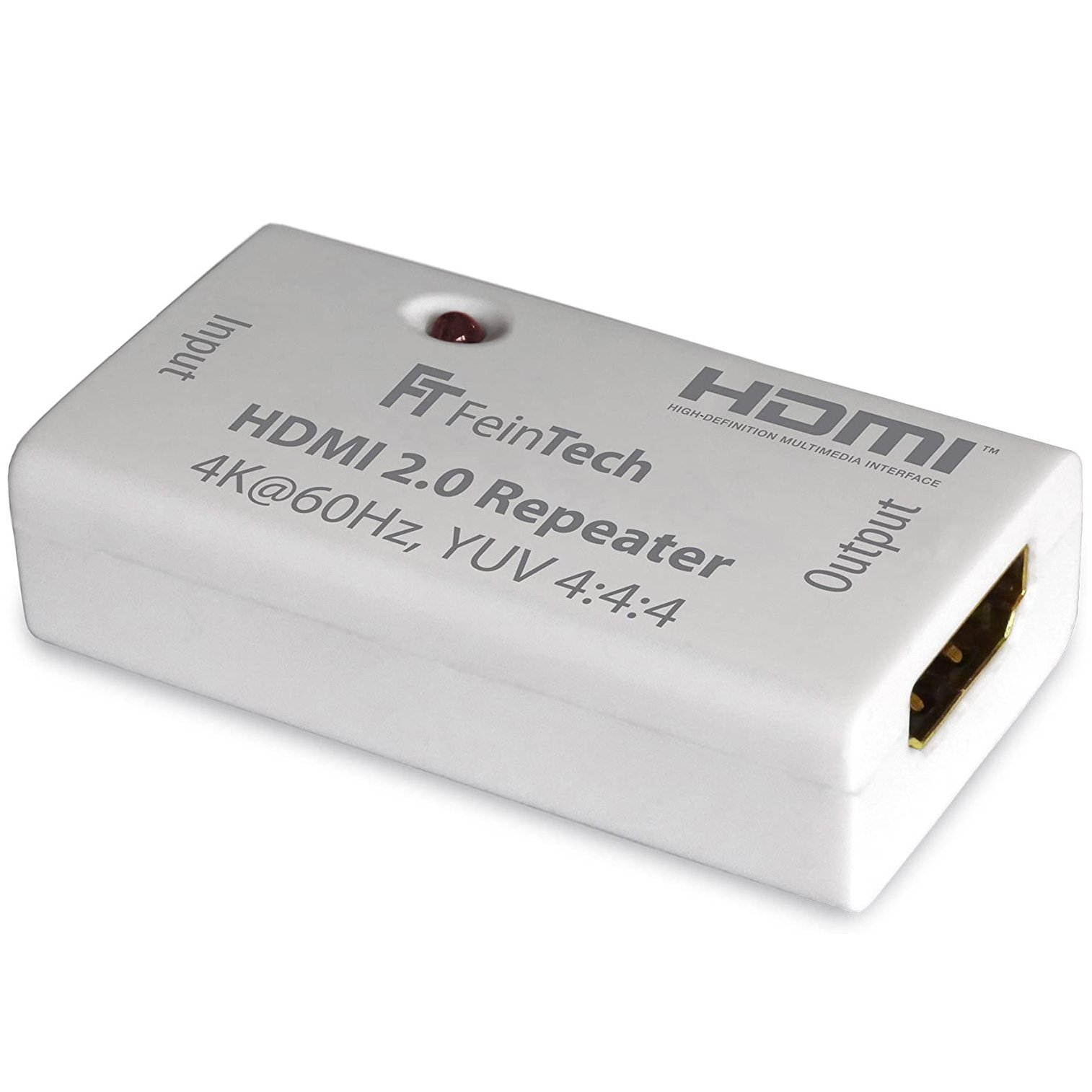 Weißer HDMI-Repeater. Eingang, Ausgang und rotes Licht oben.