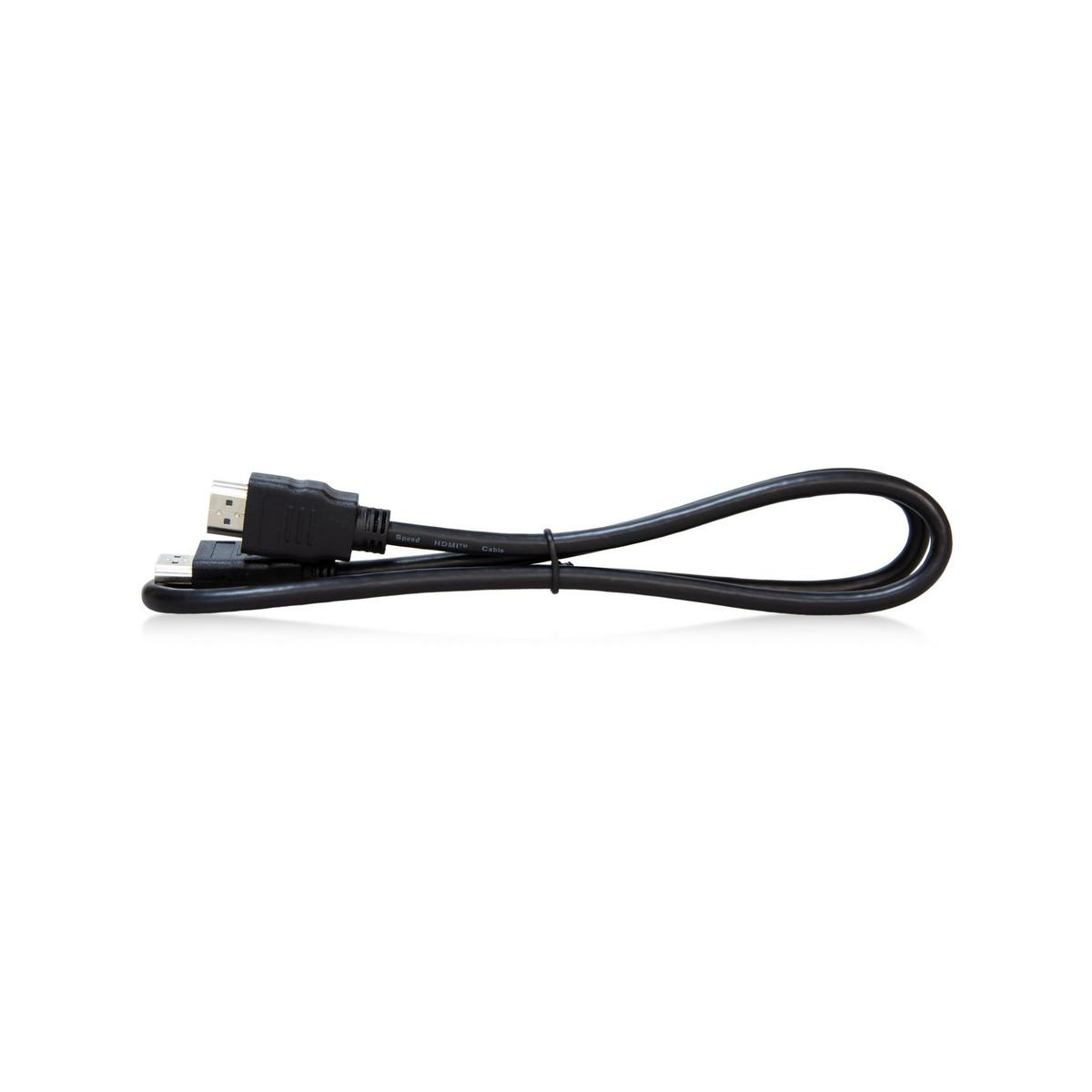 Schwarzes HDMI-Kabel, Anschlüsse an jedem Ende. Weißer Hintergrund.