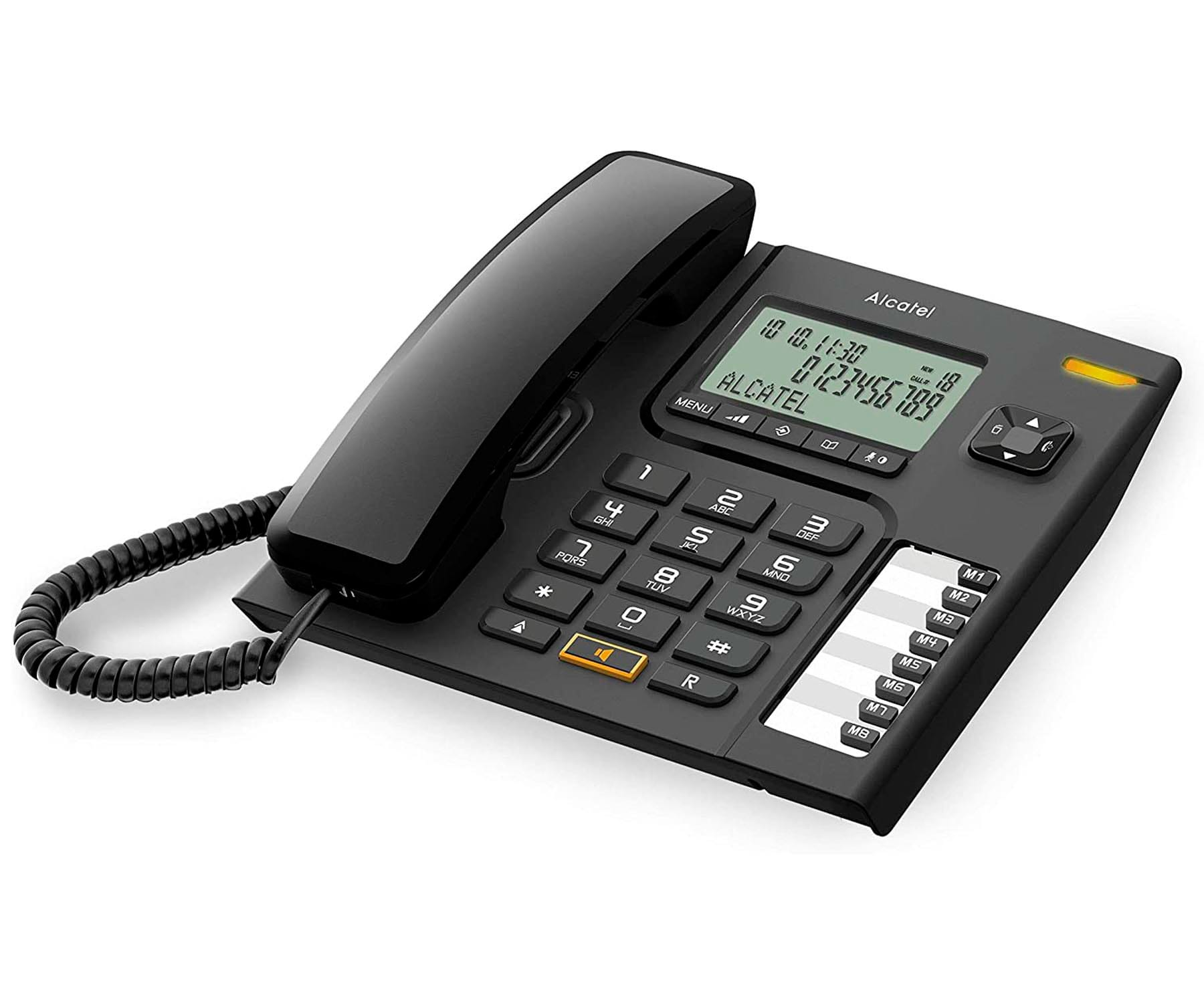 Czarny telefon stacjonarny Alcatel z klawiaturą, wyświetlaczem i słuchawką na białej powierzchni.