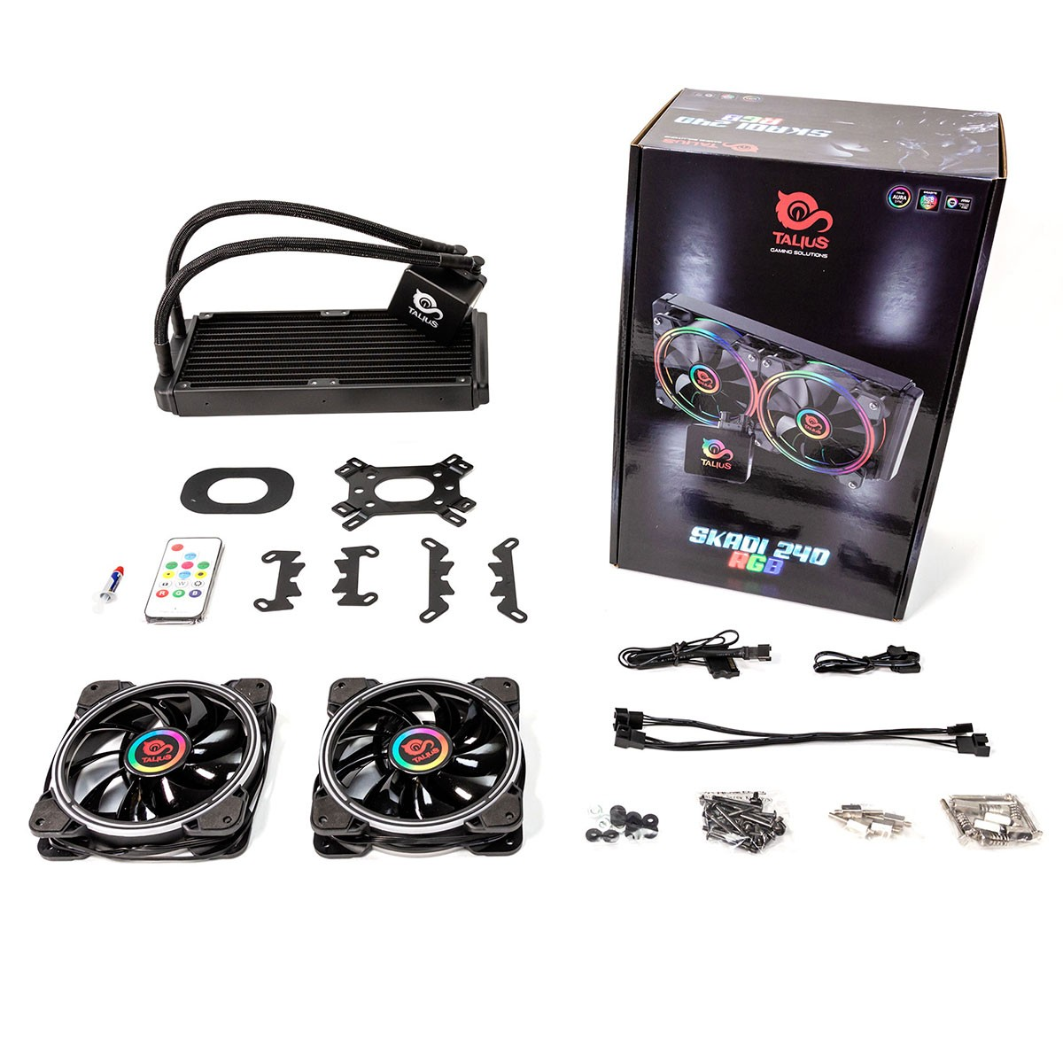 Elementy systemu chłodzenia PC, w tym wentylatory, chłodnica i osprzęt montażowy.