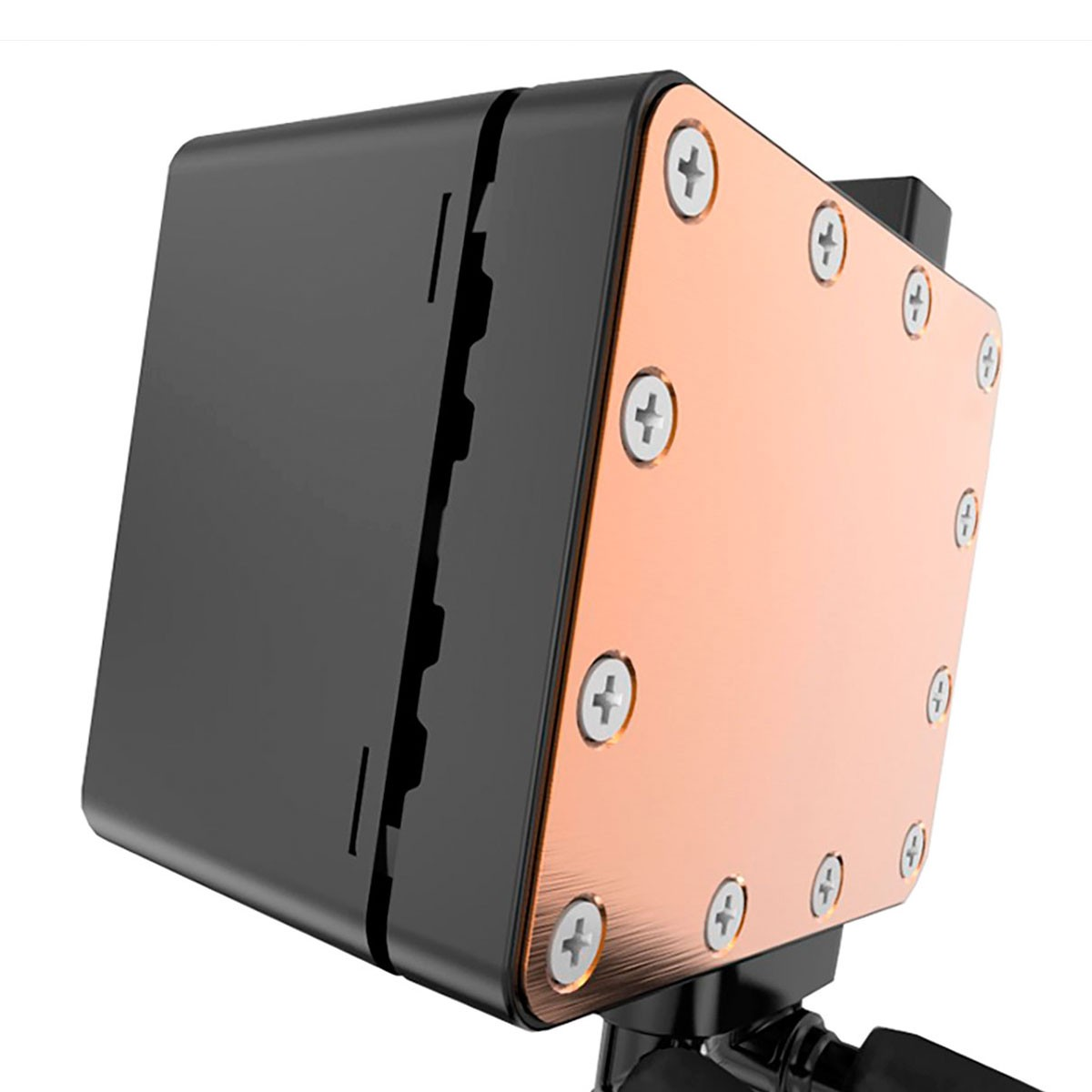 Miedziany kwadrat ze śrubami i czarną obudową, do chłodzenia CPU.