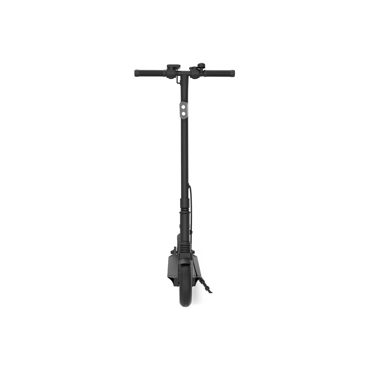 Uno scooter elettrico nero con manubrio, ruota anteriore e pedana.