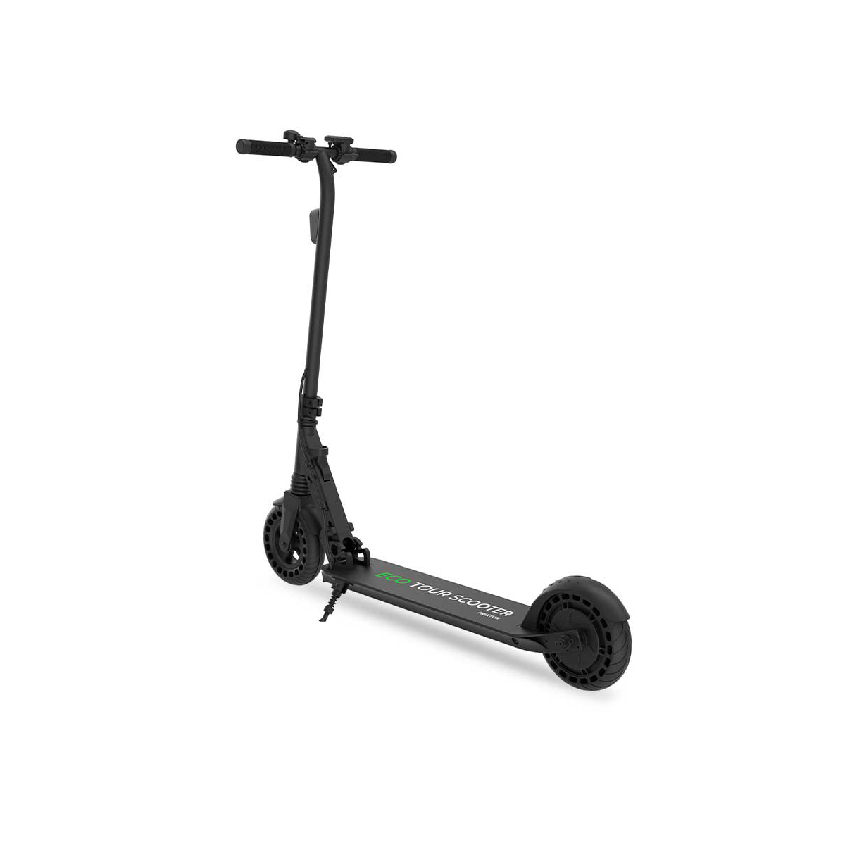 Uno scooter elettrico nero con manubrio, pedana e ruote è mostrato su sfondo bianco.