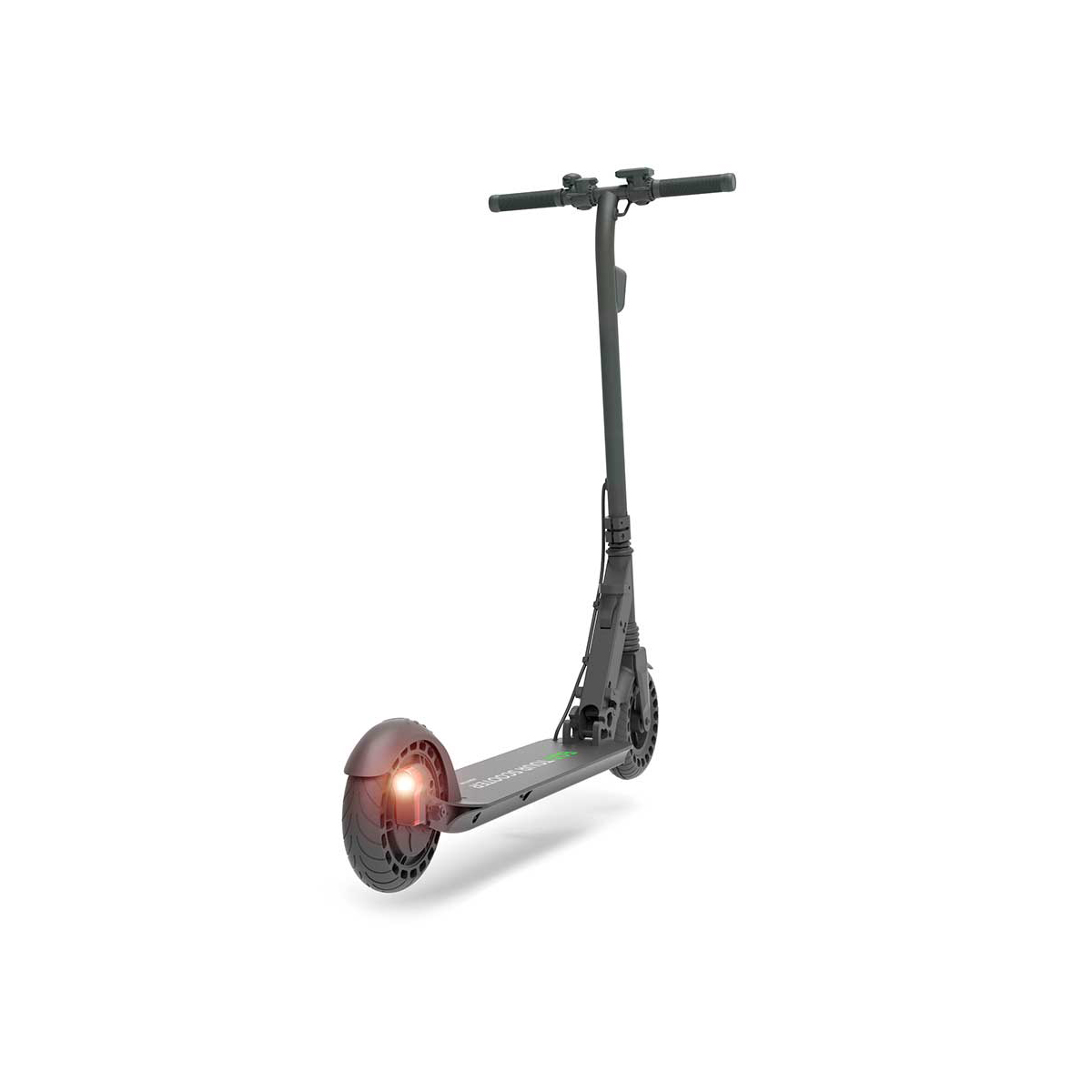 Uno scooter elettrico grigio con fanale posteriore rosso su sfondo bianco.