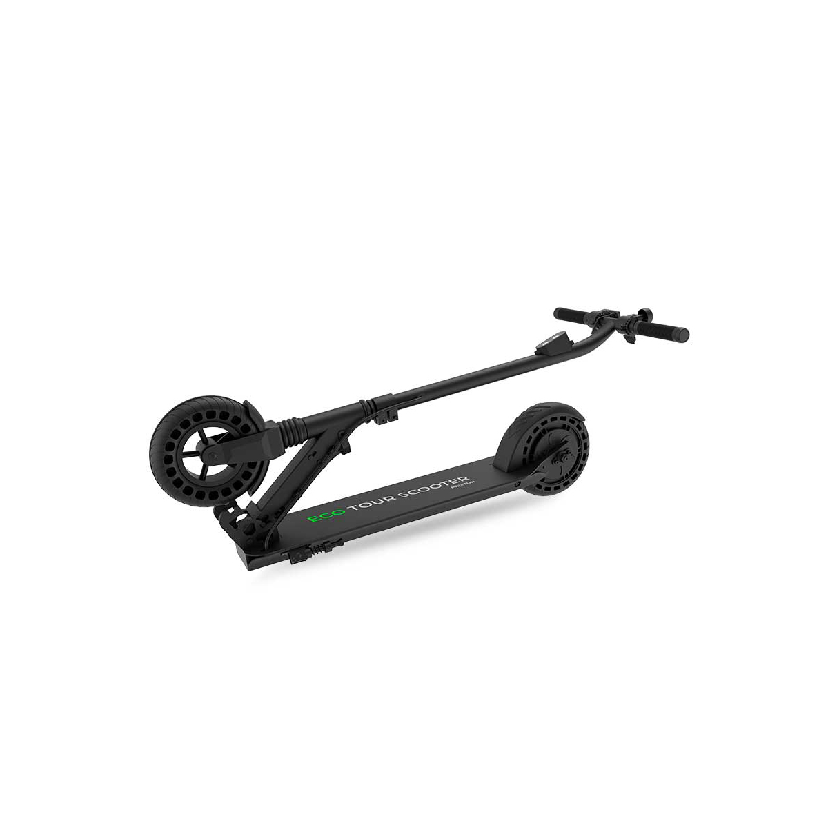 Uno scooter elettrico nero con manubrio e ruote è mostrato su sfondo bianco.