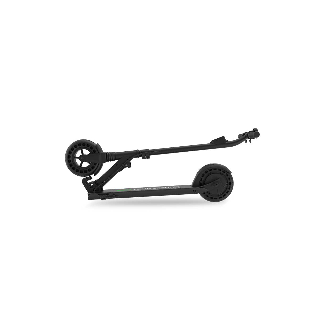 Uno scooter elettrico nero giace su uno sfondo bianco.