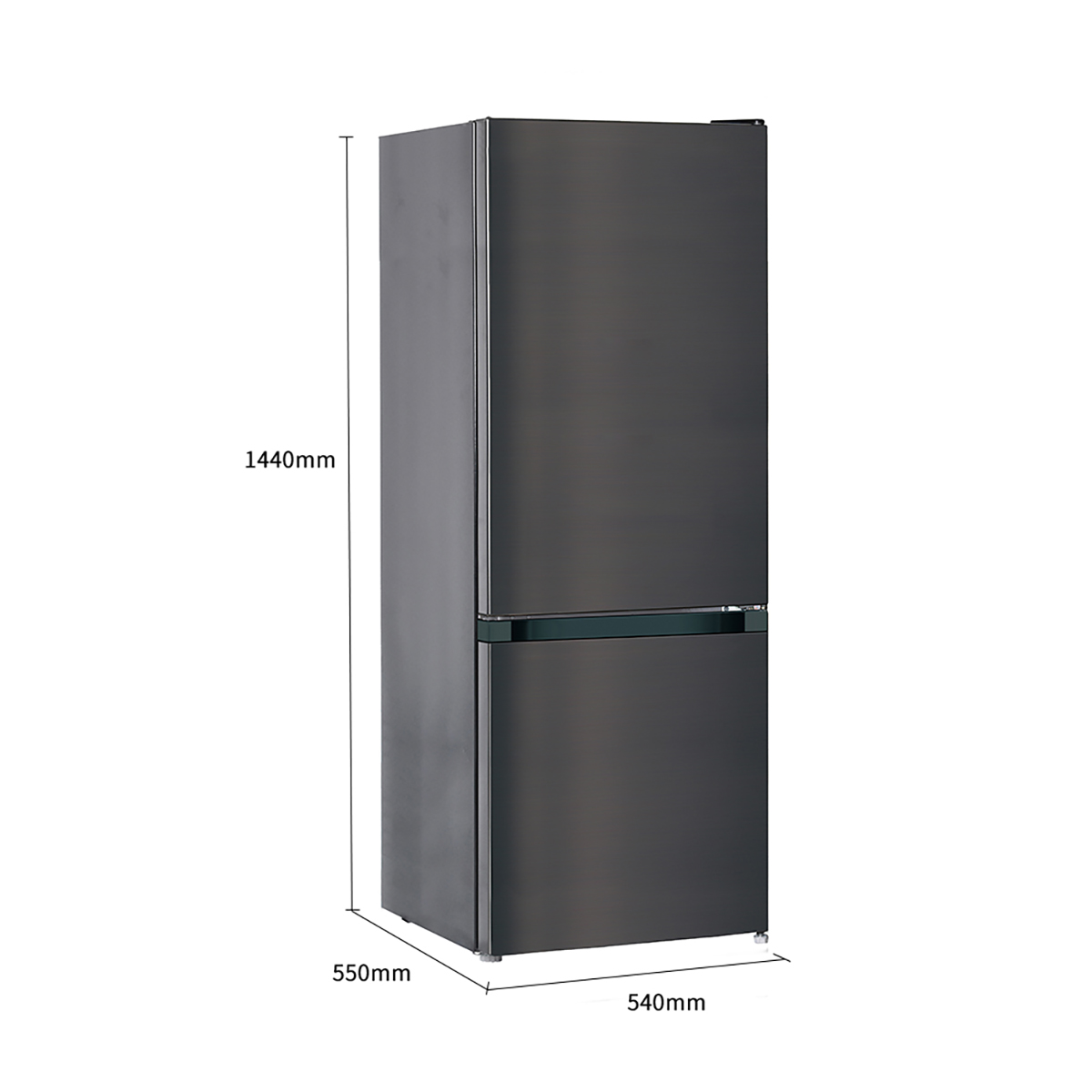 Réfrigérateur noir avec dimensions marquées : 1440 mm haut, 550 mm large, 540 mm profond.