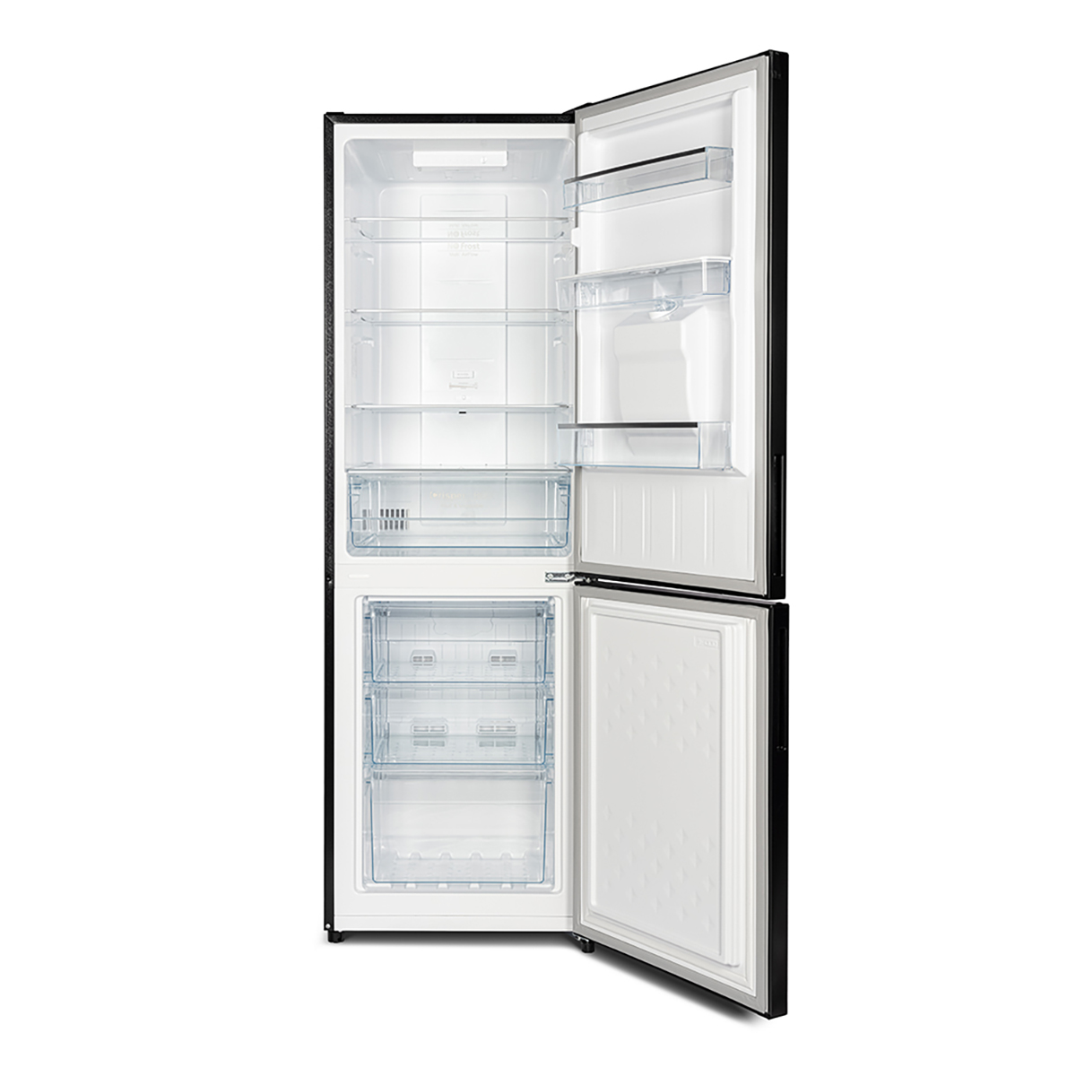 Opened black refrigerator with shelves, drawers, and doors. White interior.