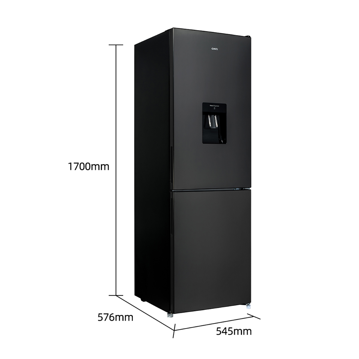 Black refrigerator with dimensions displayed, showing a modern design and features.