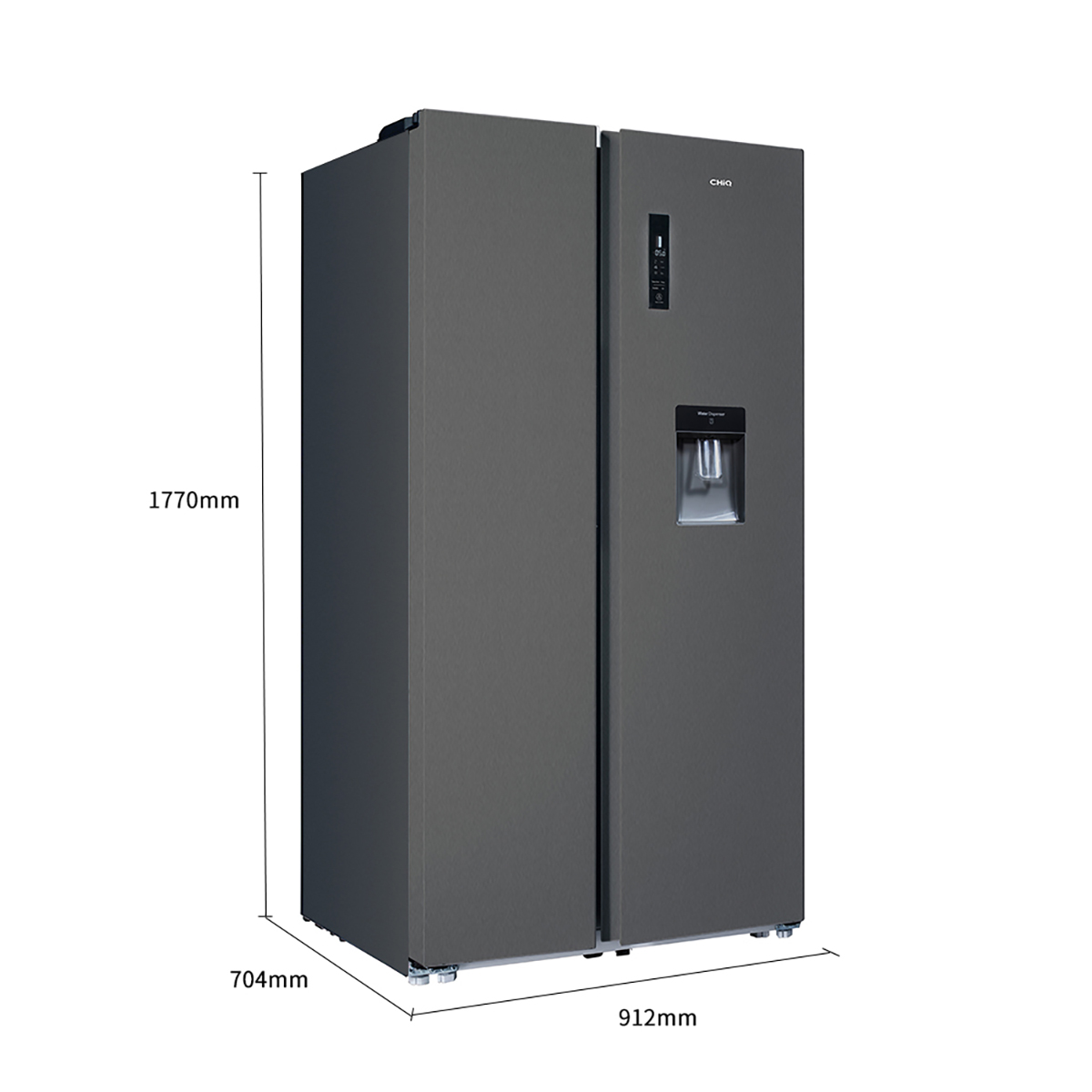 Un refrigerador lado a lado gris oscuro con dimensiones mostradas.