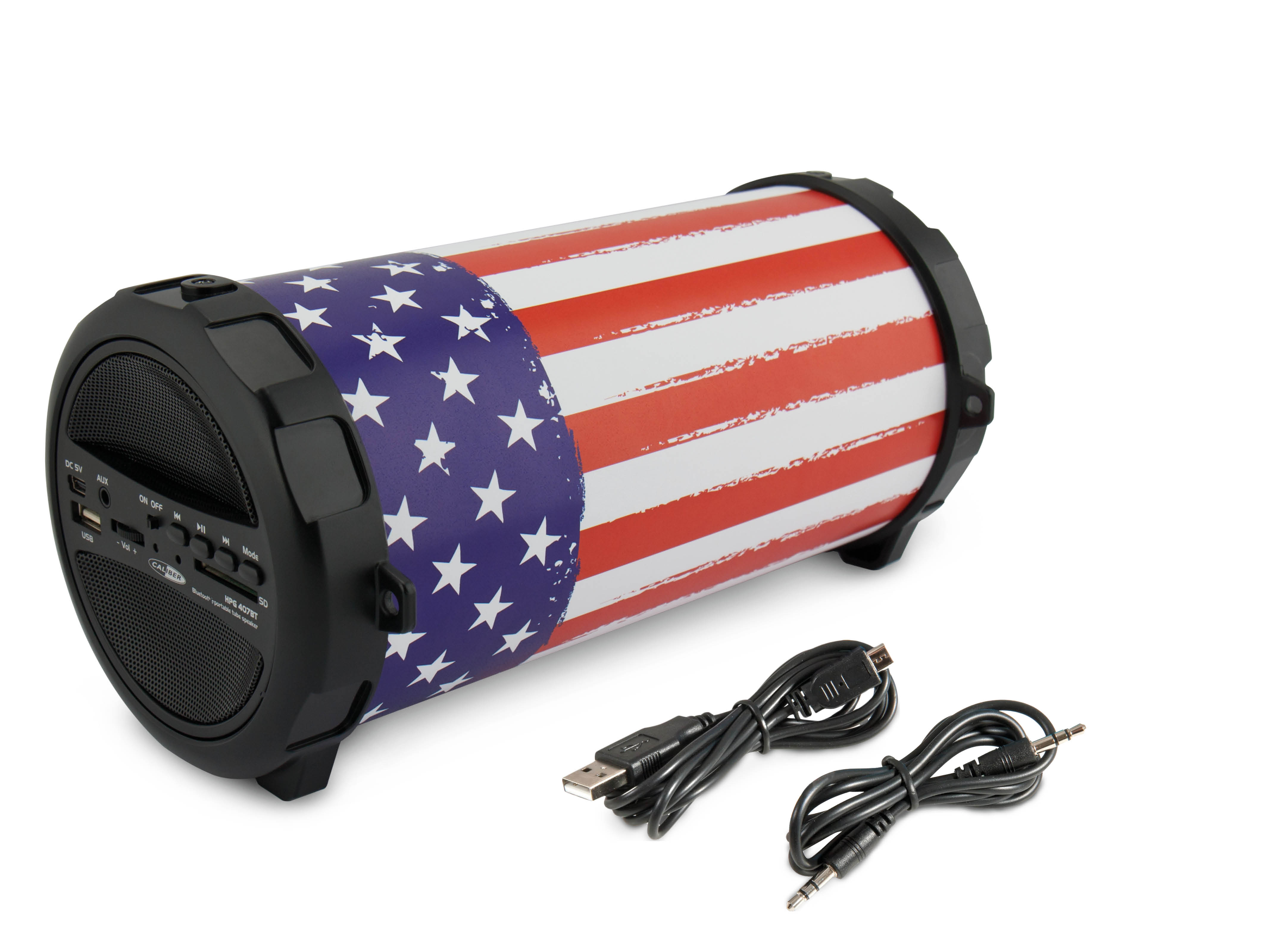 Cilindrische luidspreker met het ontwerp van de Amerikaanse vlag. Kabels en luidsprekerdetails zijn zichtbaar op een witte achtergrond.