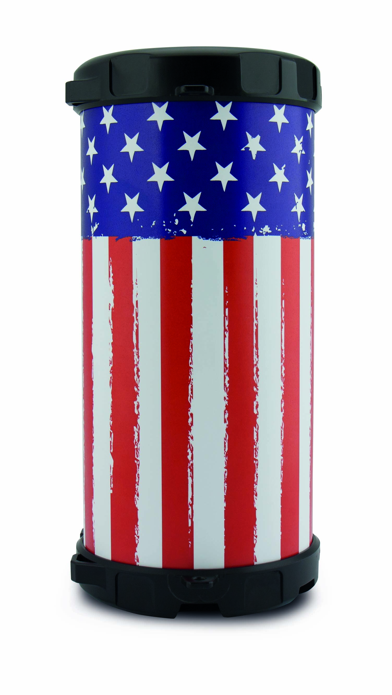 Une poubelle cylindrique avec un motif de drapeau américain.