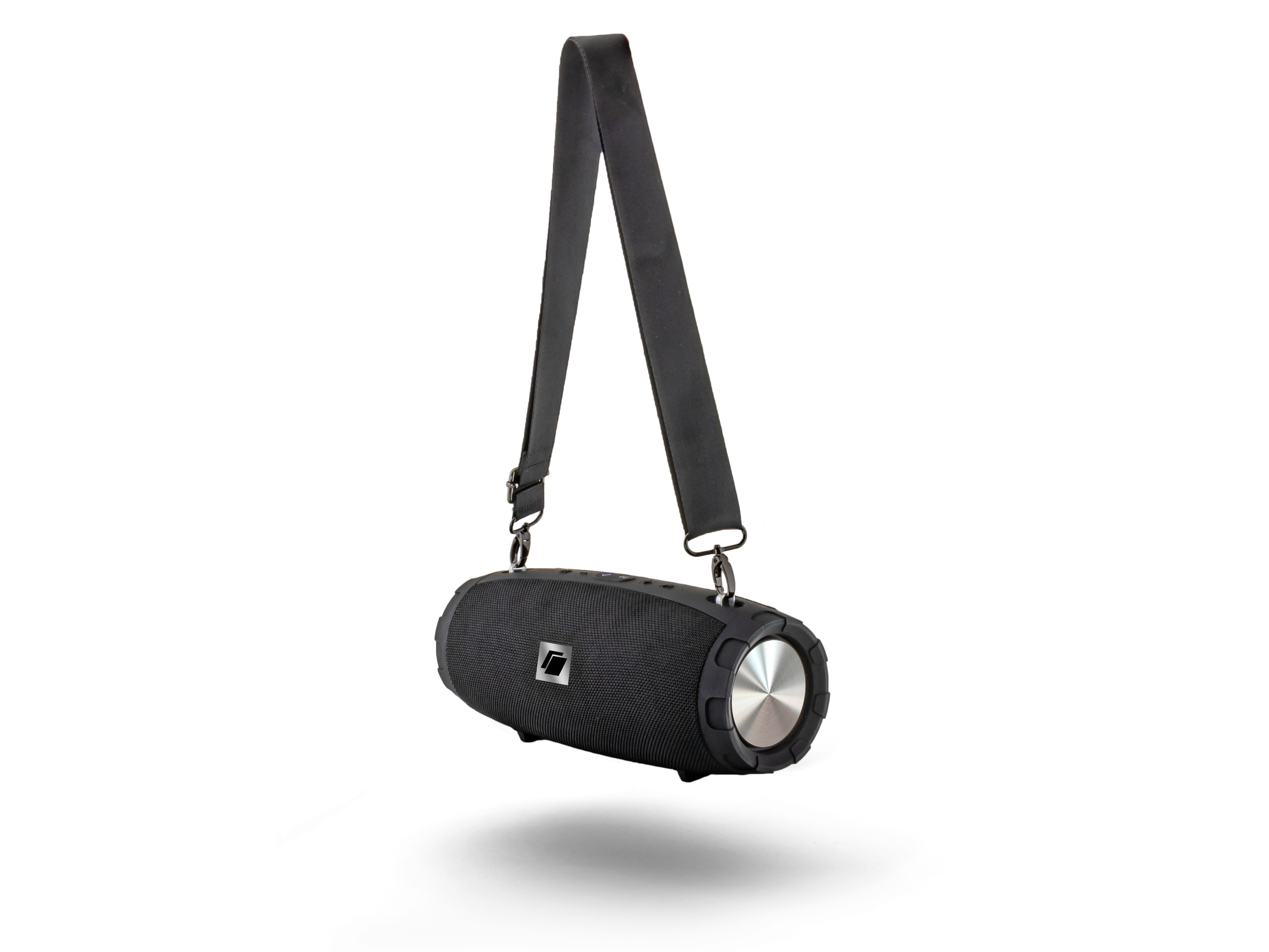 Haut-parleur noir avec une sangle, sur fond blanc.