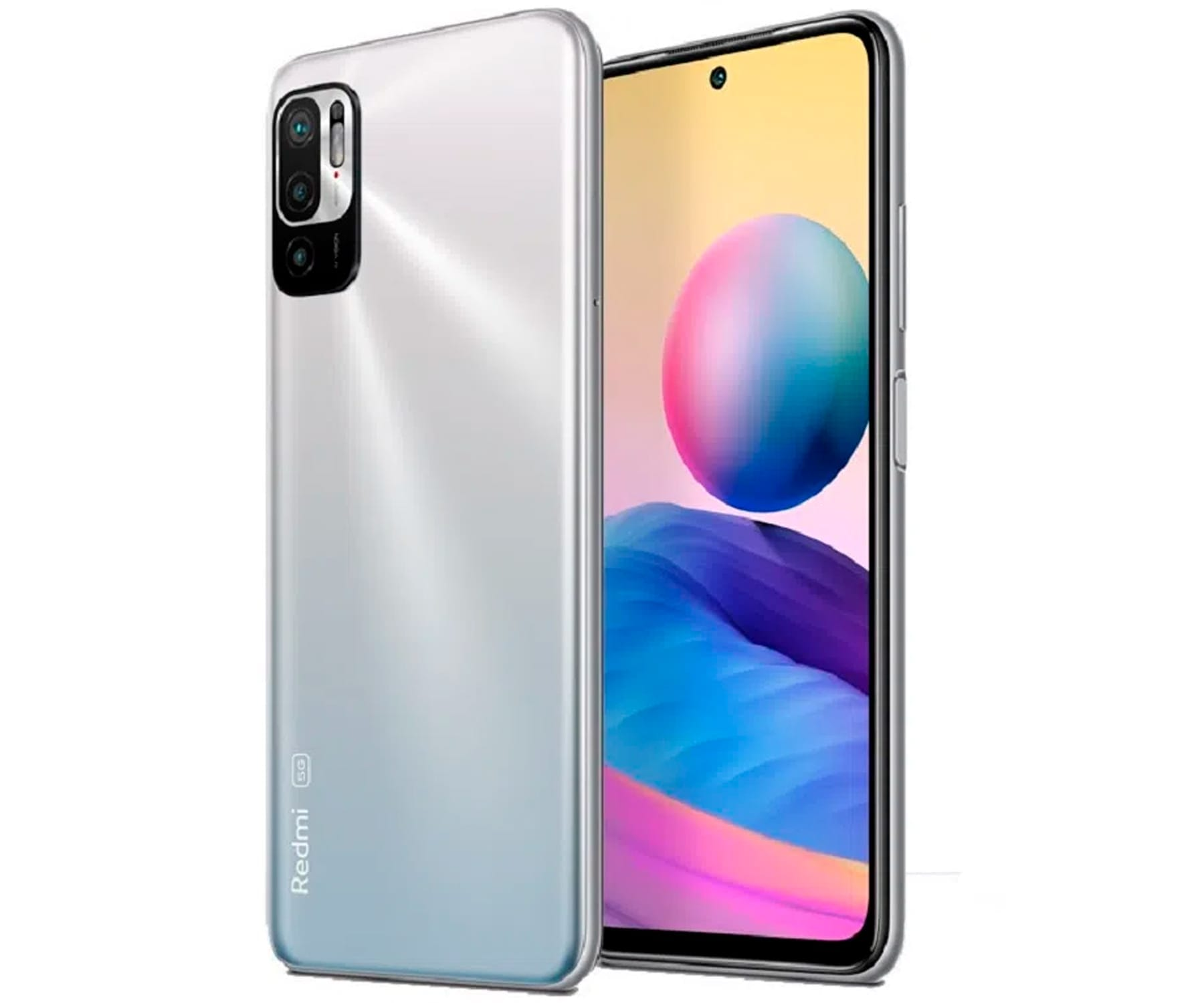 Srebrny i biały telefon Redmi 5G, skierowany w stronę widza.