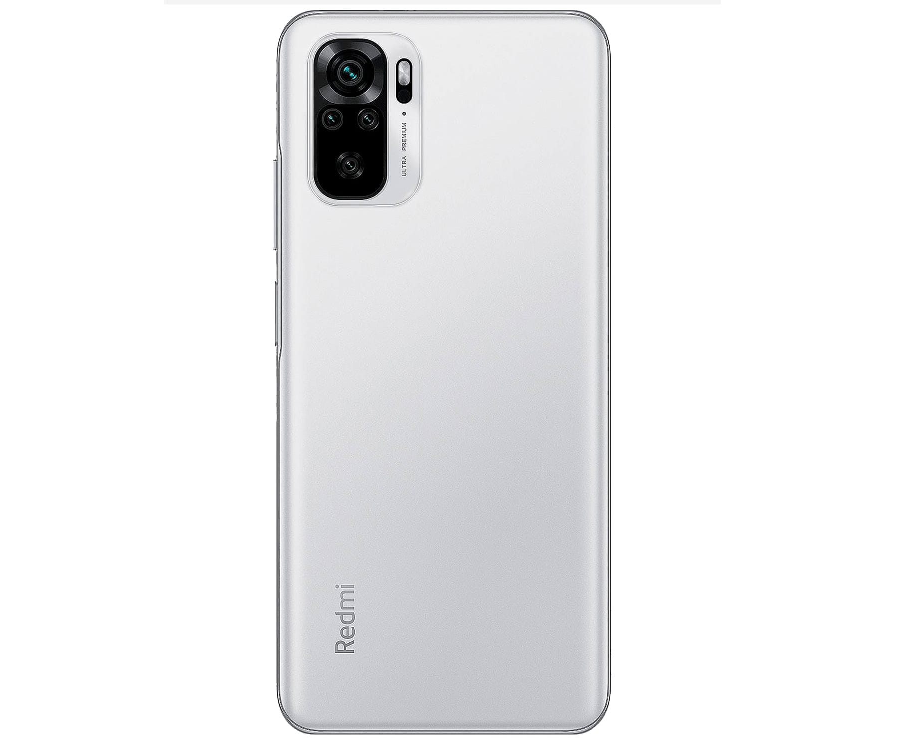 Biały telefon Redmi, widok z tyłu, z wieloma aparatami i logo Redmi.