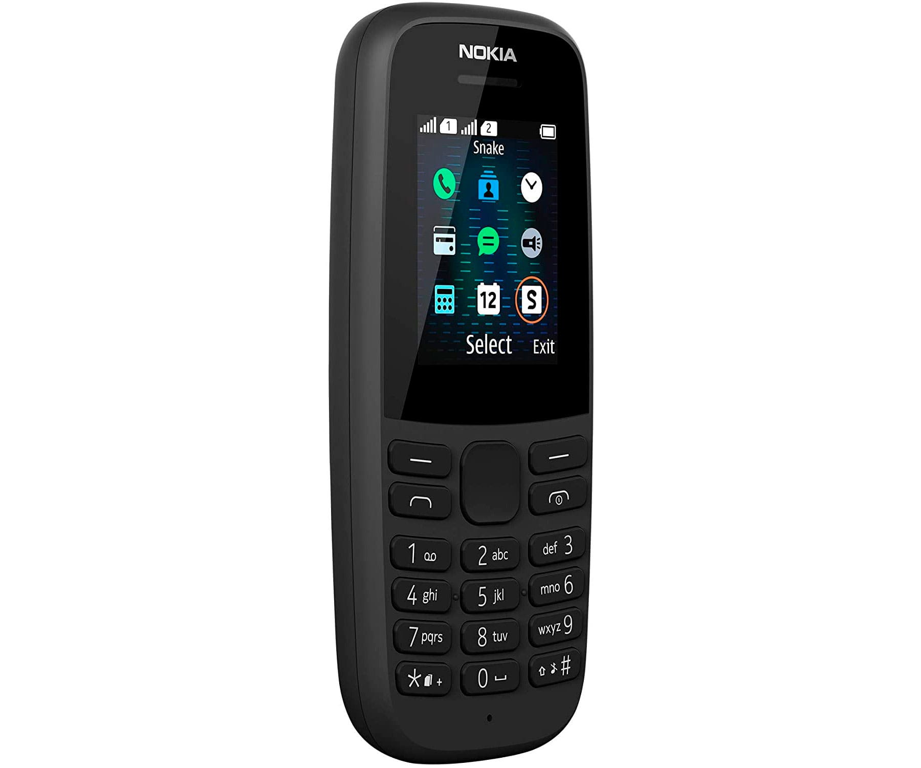 Teléfono básico Nokia negro sobre fondo blanco, mostrando iconos.