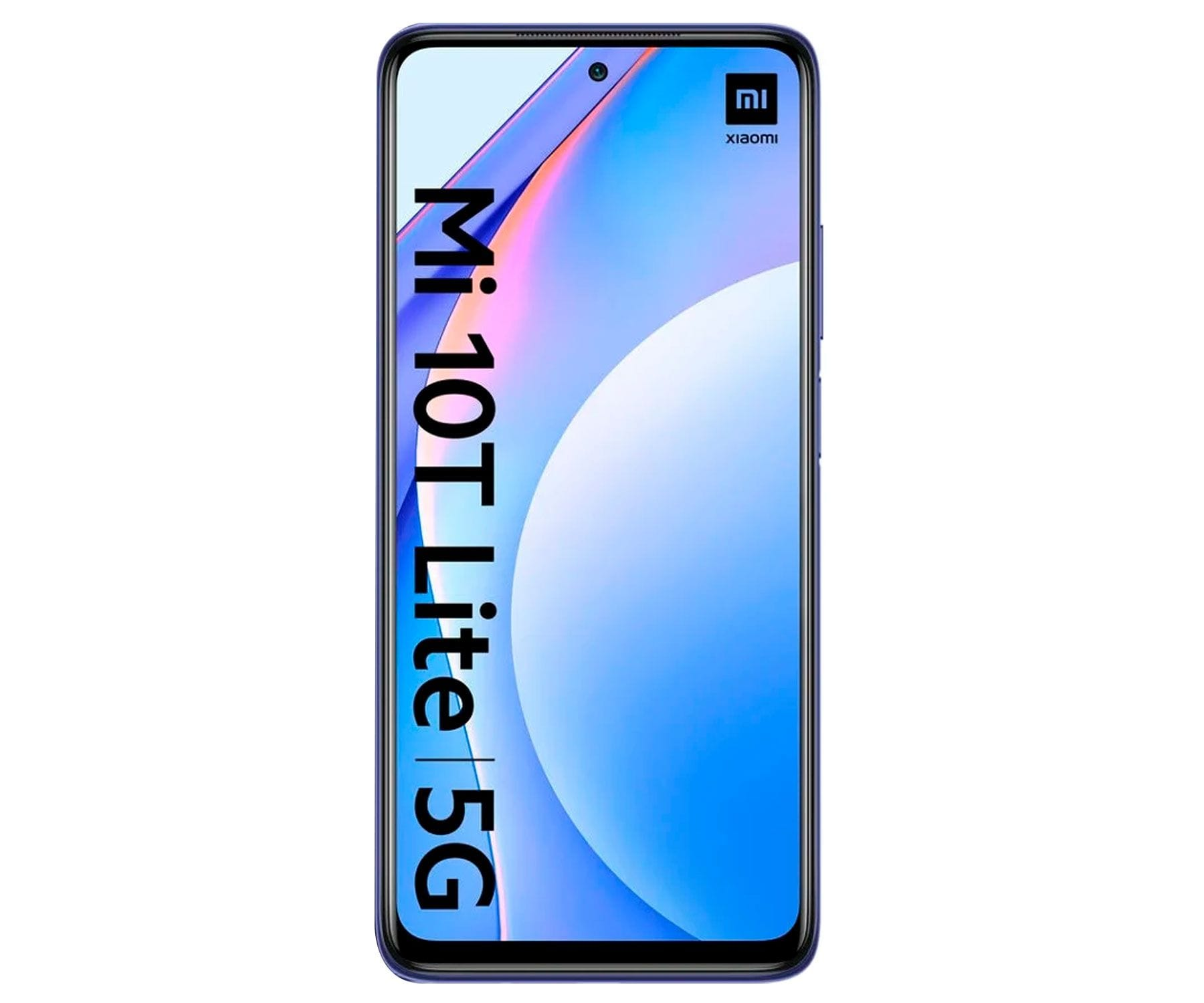 Niebieski ekran telefonu z białym tekstem i aparatem. Białe tło.