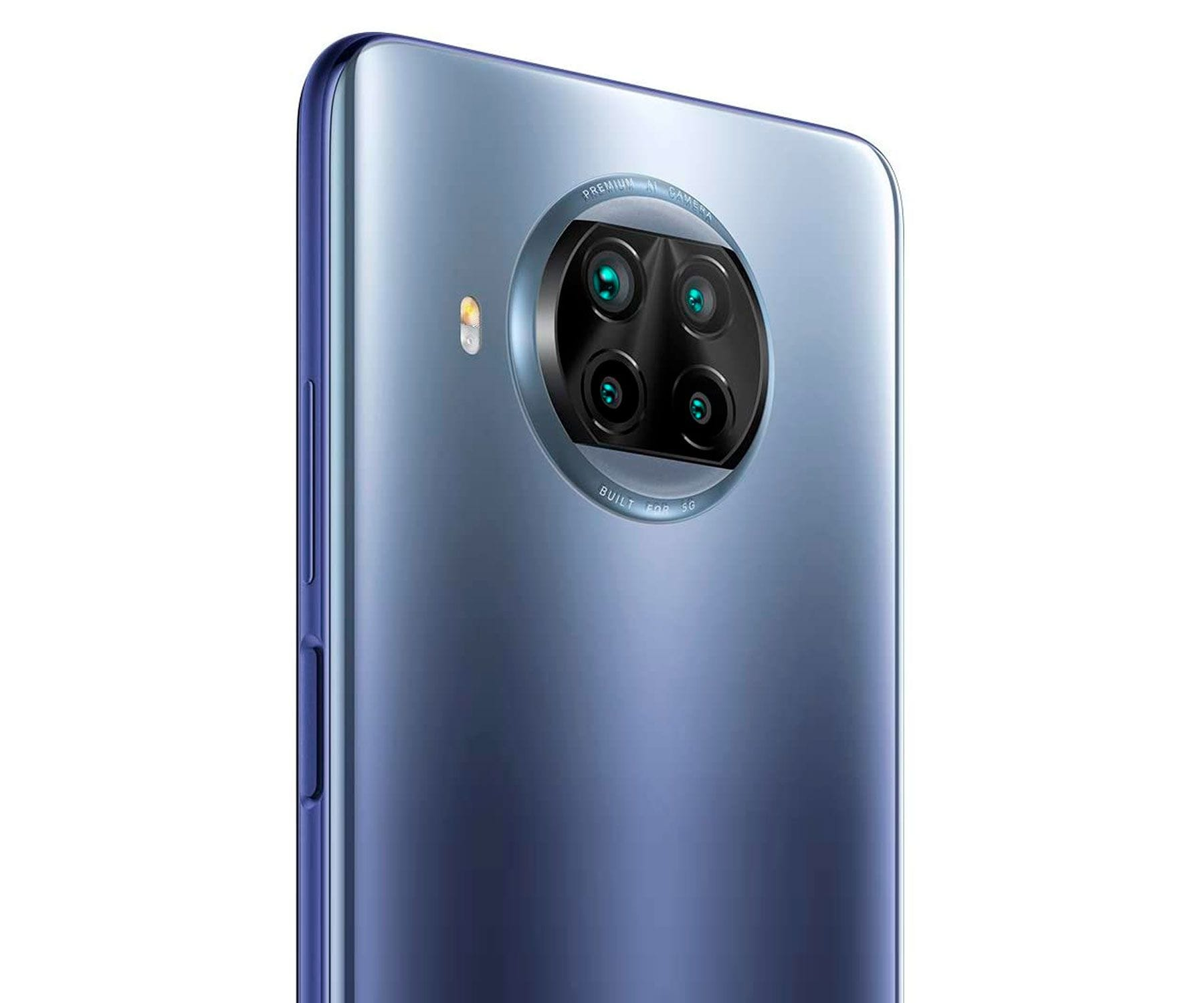 Niebieski smartfon z wieloma tylnymi aparatami na białym tle.