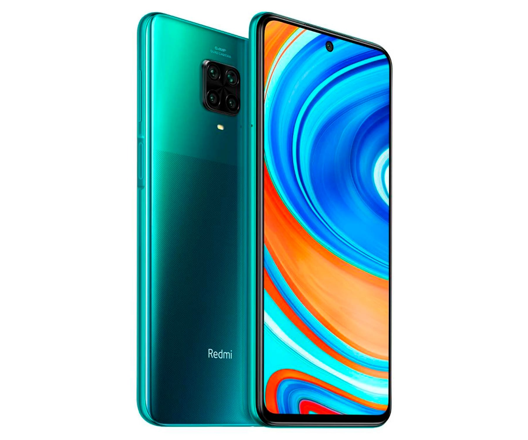 Zielony smartfon z wieloma aparatami. Białe tło.