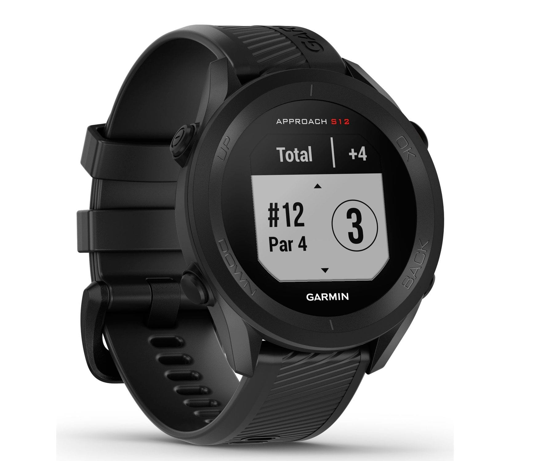 Czarny zegarek golfowy Garmin Approach S12. Wyświetla informacje o polu golfowym.
