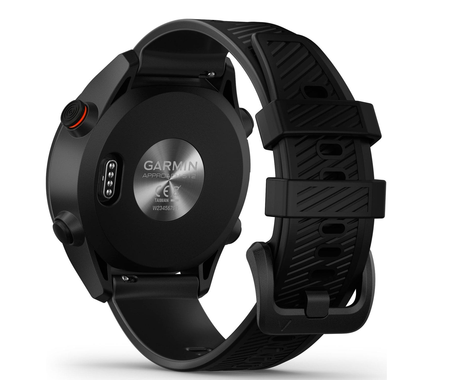 Czarny smartwatch, widok z tyłu. Białe tło.