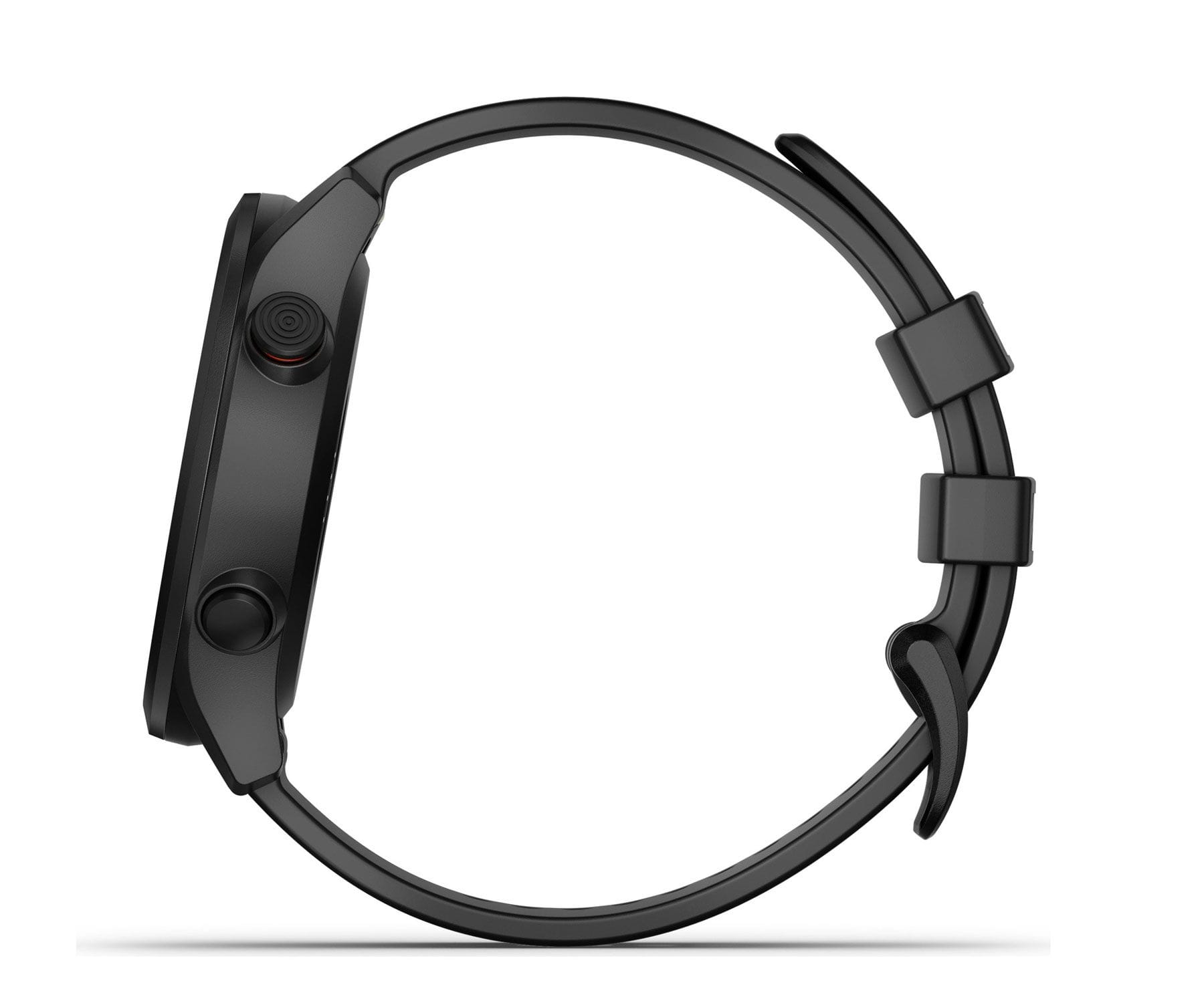 Czarny smartwatch widziany z boku. Zegarek ma czarny pasek i czerwony przycisk.