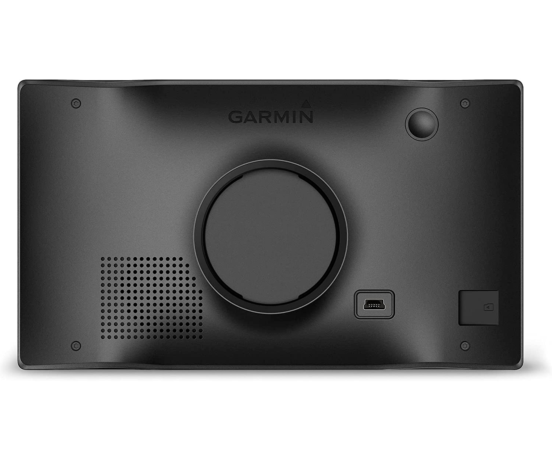 Dispositivo GPS Garmin negro, vista trasera. Tiene un botón de encendido y un puerto USB.