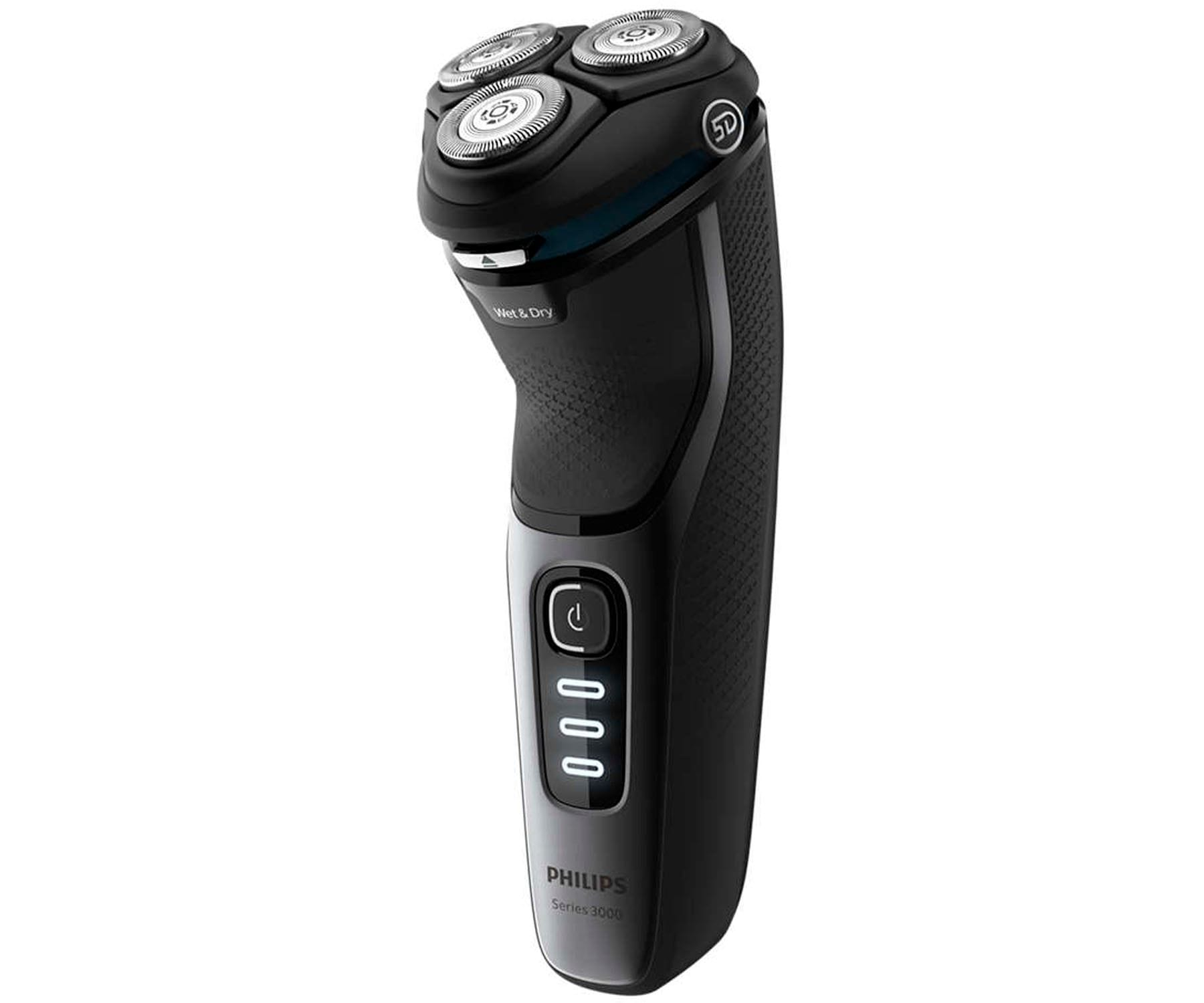 Afeitadora eléctrica Philips negra. Tiene tres cabezales y un botón de encendido.