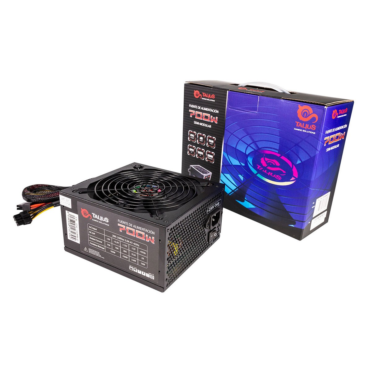 Fuente de alimentación y caja. La unidad es negra con ventilador. La caja tiene el logo Talus e info.