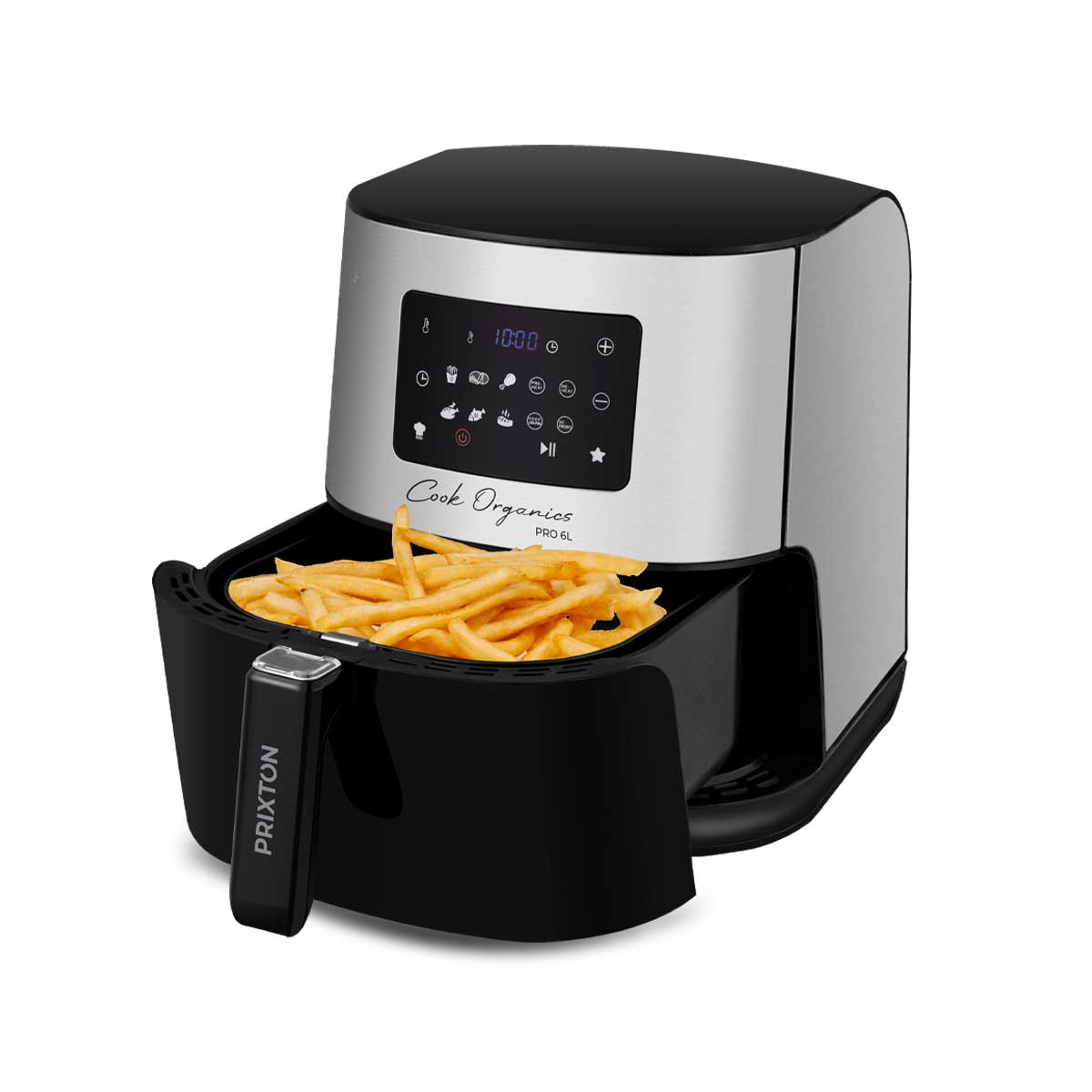 Una friggitrice ad aria con patatine fritte. È argentata e nera e ha un display digitale.
