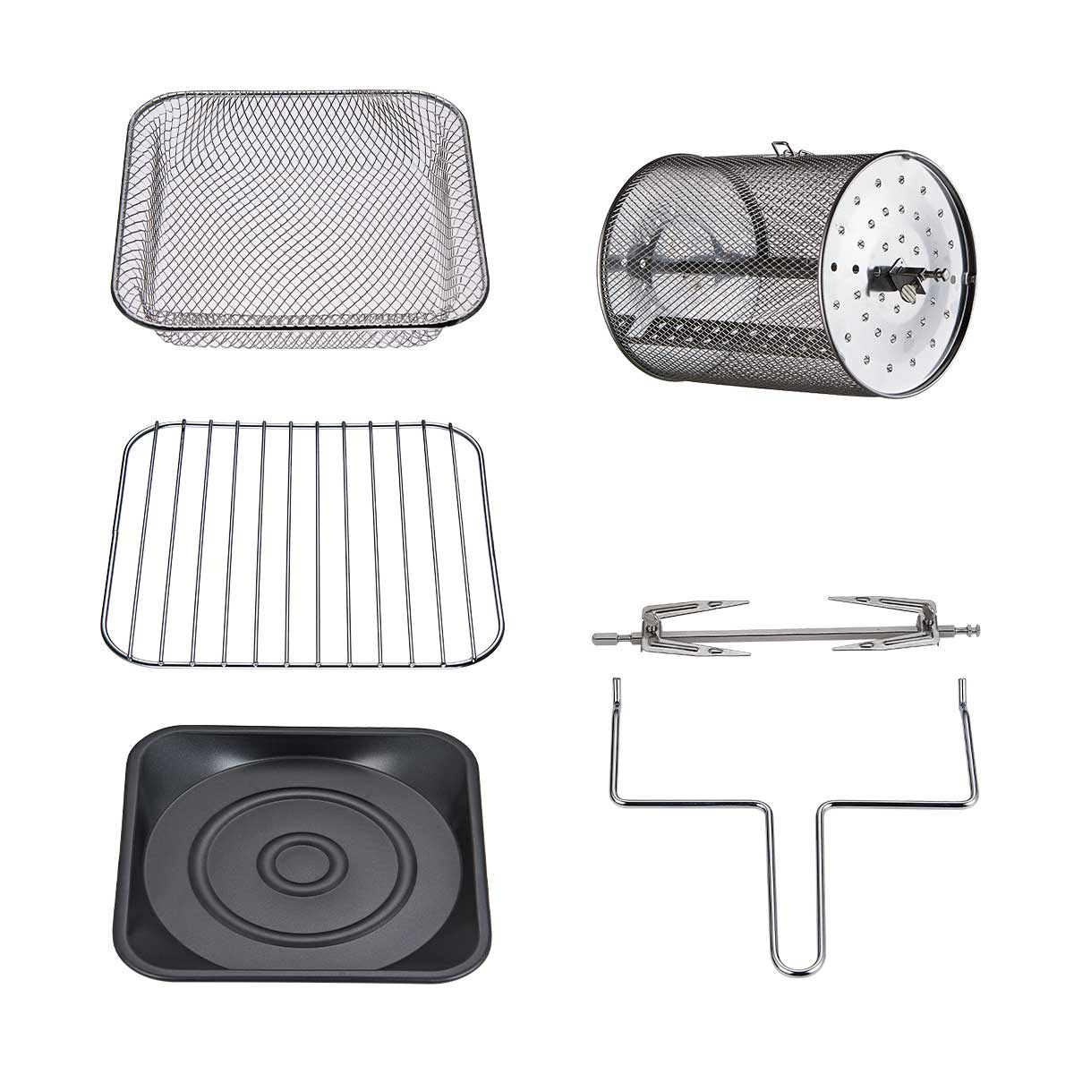 Accessori friggitrice ad aria: cestello, griglia, girarrosto, vassoio raccogli gocce e manico.