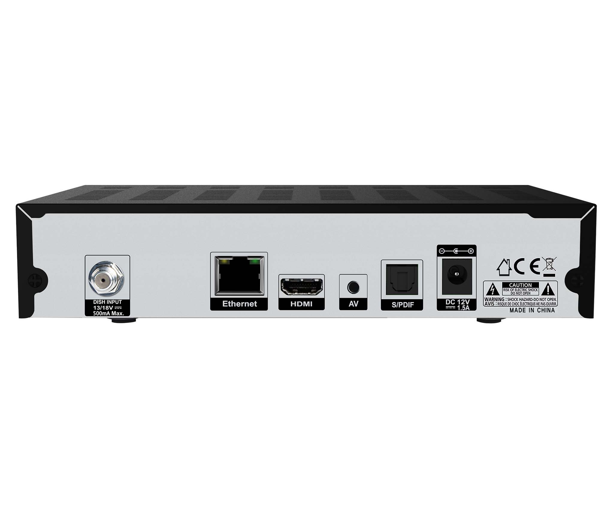 Die Rückseite eines schwarz-grauen TV-Receivers mit mehreren Anschlussports.
