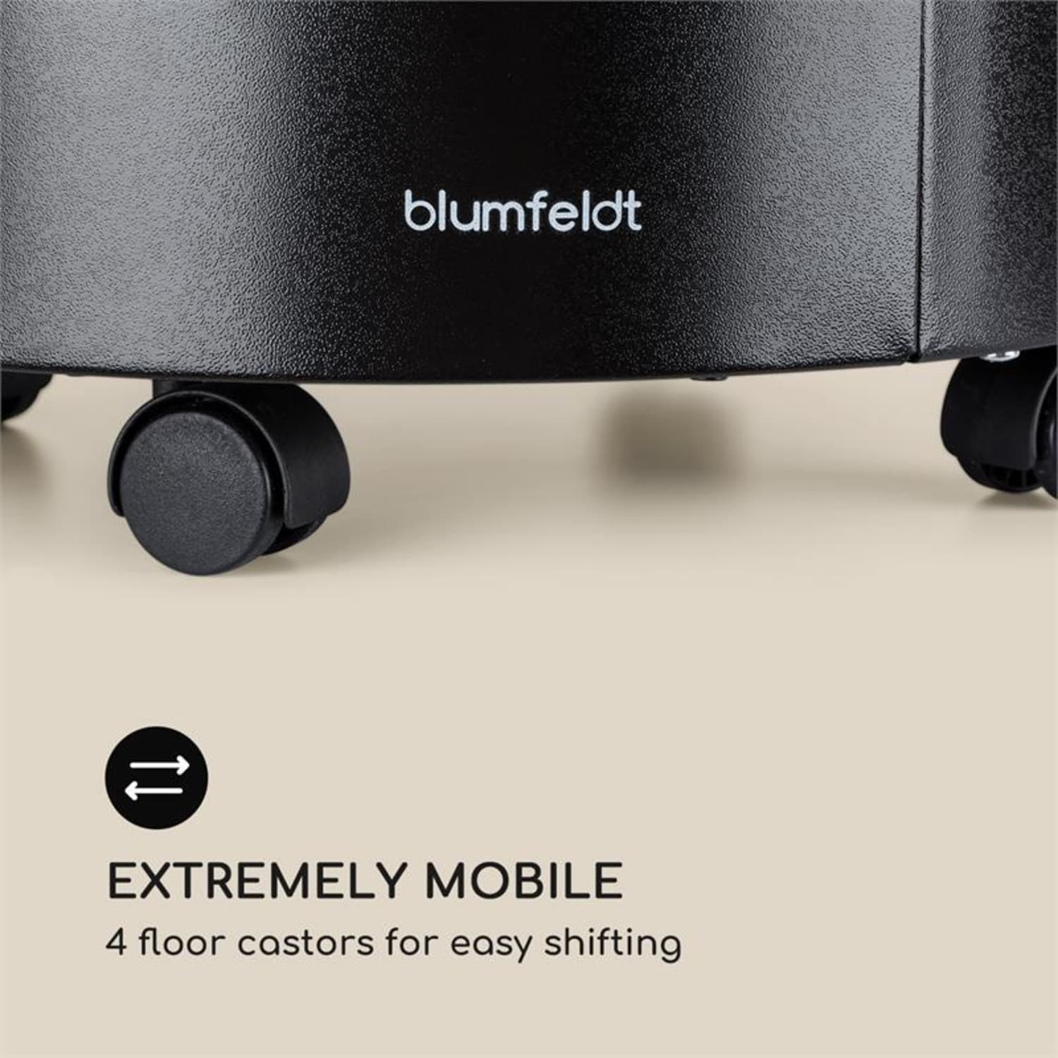 Una base per purificatore d'aria nera con ruote e il marchio 'blumfeldt'.