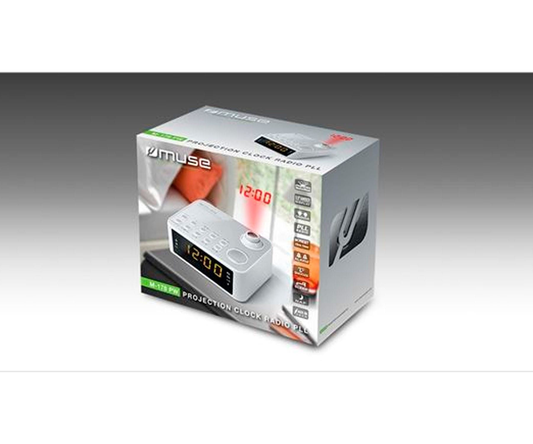 Zapakowane radio z zegarem projekcyjnym. Opakowanie przedstawia zegar i godzinę 12:00.