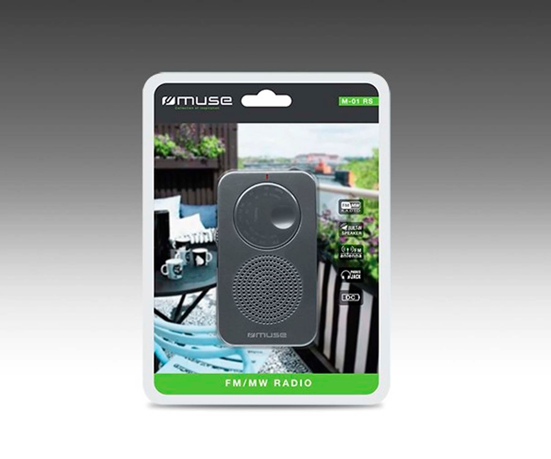 Radio w blistrze, pokazuje scenę z balkonem i radiem, szary kolor, białe tło.