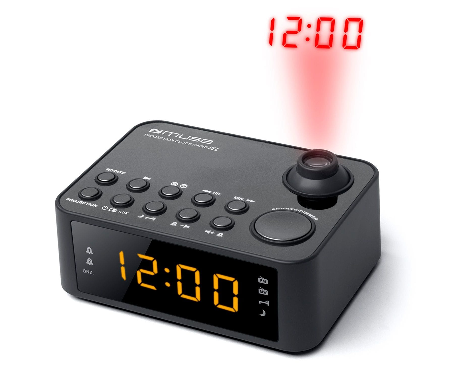 Muse M178 Reloj digital negro radio despertador fmmw corriente alarma doble snooze m178p con proyección amfm altavoz integrado proyector hora color mw 229 0.9